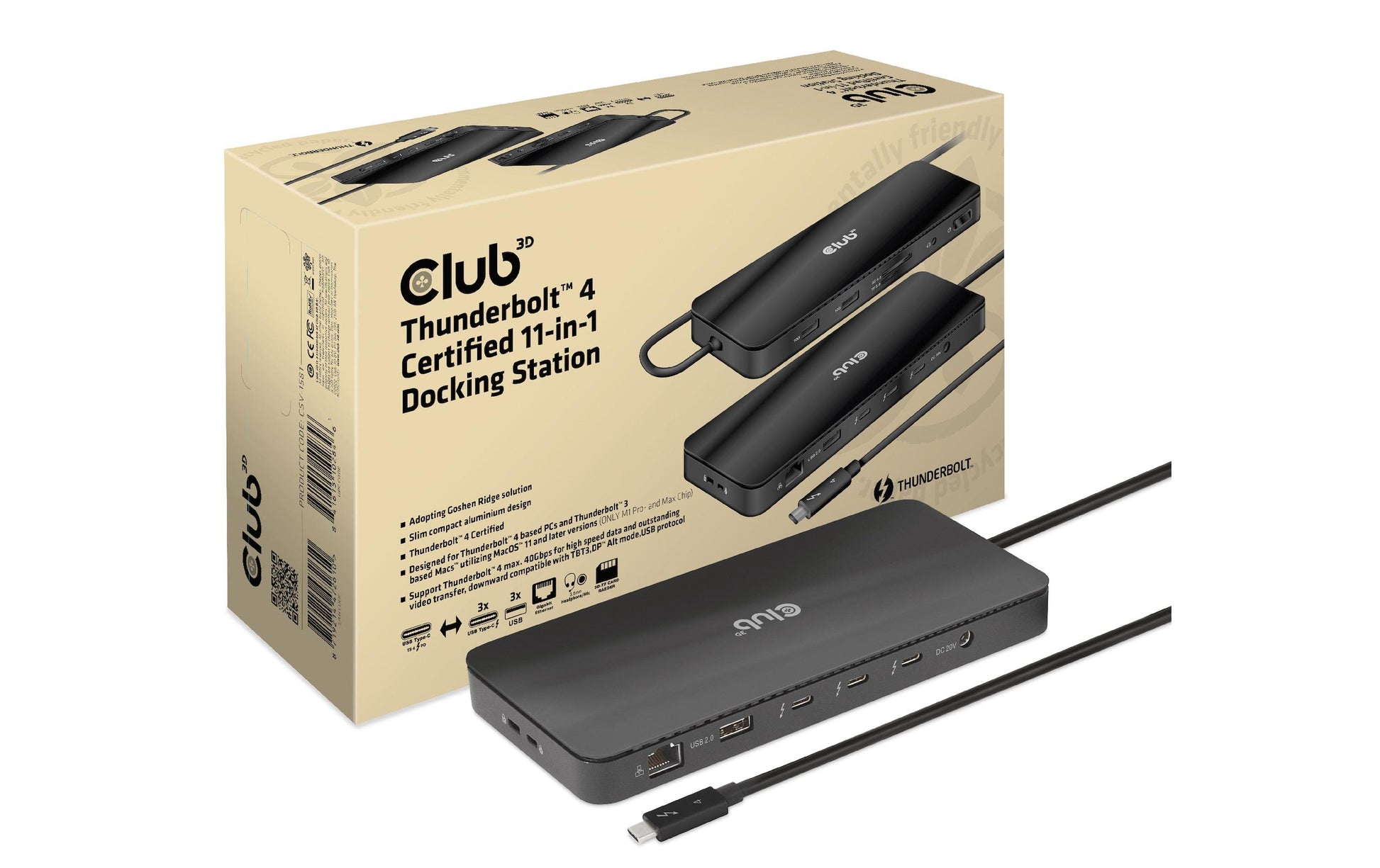 CLUB3D Club 3D TB4 11in1 Dockingstation – Thunderbolt 4, 3× USB-A, 140 W PD, GbE, SD/microSD, 3,5 mm Audio, TB4 × 3