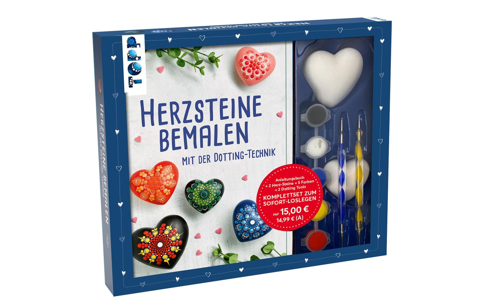 TOPP Verlag Bastelset – Herzsteine bemalen – Gips – 10-teilig, 5 Farben