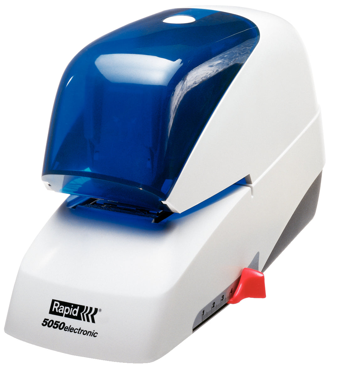 Rapid R5050e – Elektrischer Hefter, 50 Blatt, Flat-Clinch, Einlegetiefe 50 mm, Blau, Weiss