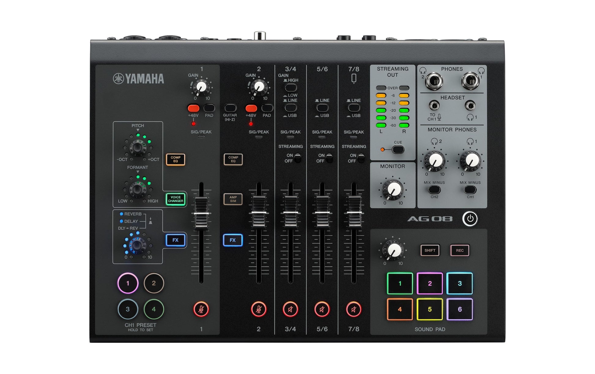 Yamaha AG08 BL – 8-Kanal Mixer, USB-Audio-Interface, 3 Stereoeingänge, Schwarz