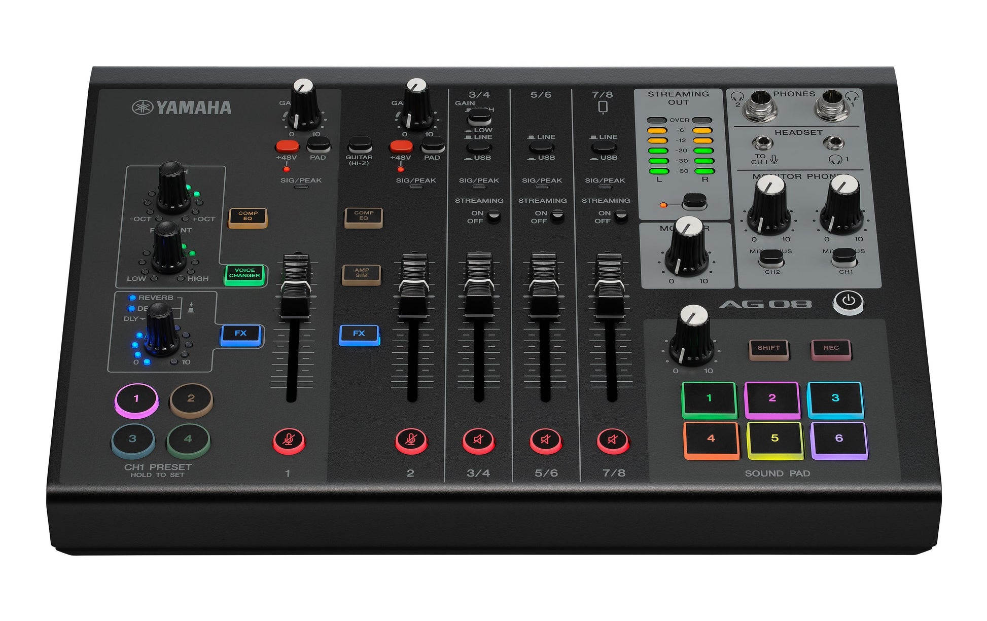Yamaha AG08 BL – 8-Kanal Mixer, USB-Audio-Interface, 3 Stereoeingänge, Schwarz