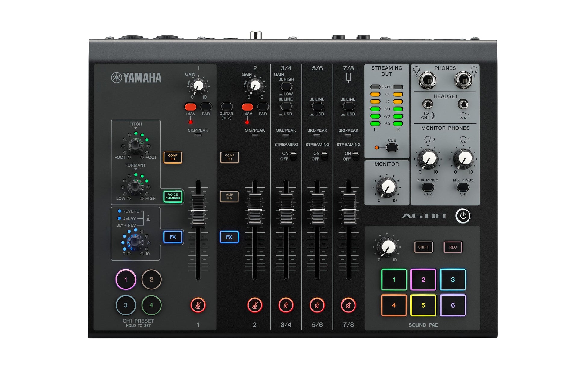 Yamaha AG08 BL – 8-Kanal Mixer, USB-Audio-Interface, 3 Stereoeingänge, Schwarz