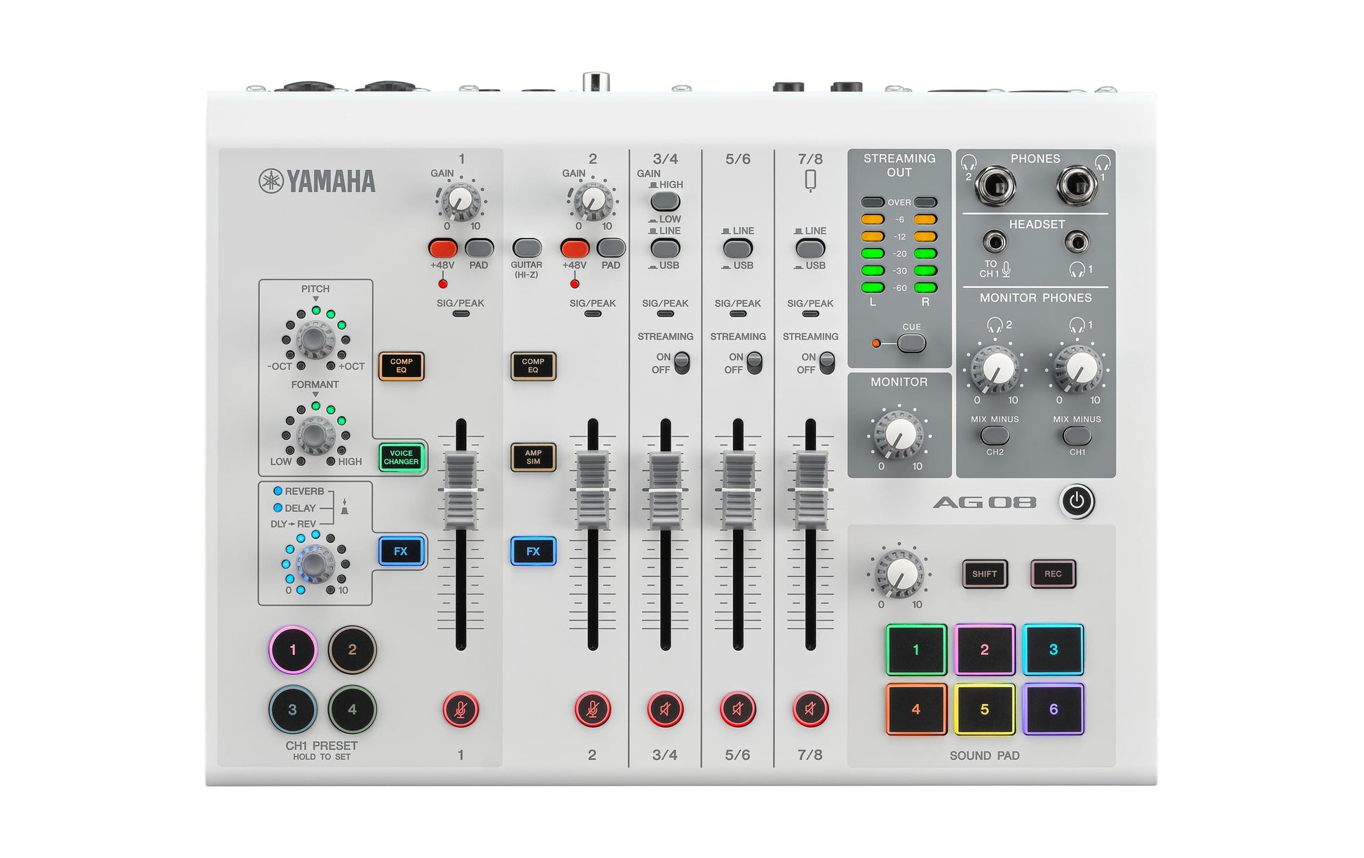 Yamaha AG08 – 8-Kanal Mixer, USB-Audio-Interface, 3 Stereoeingänge, Weiss