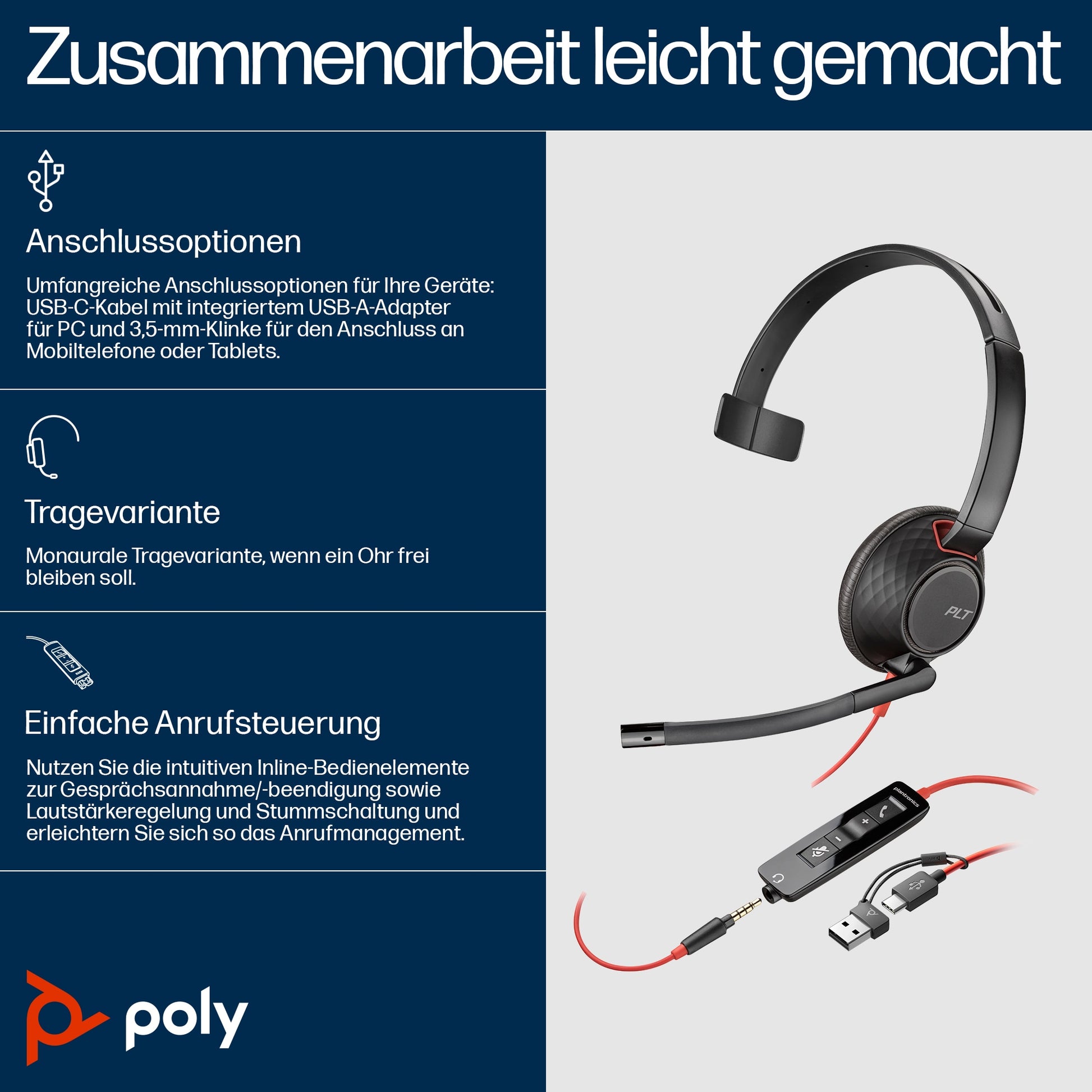 Poly Blackwire 5210 Office-Headset – Mono, Kabelgebunden, 3,5 mm Klinke + USB-C, Schwarz