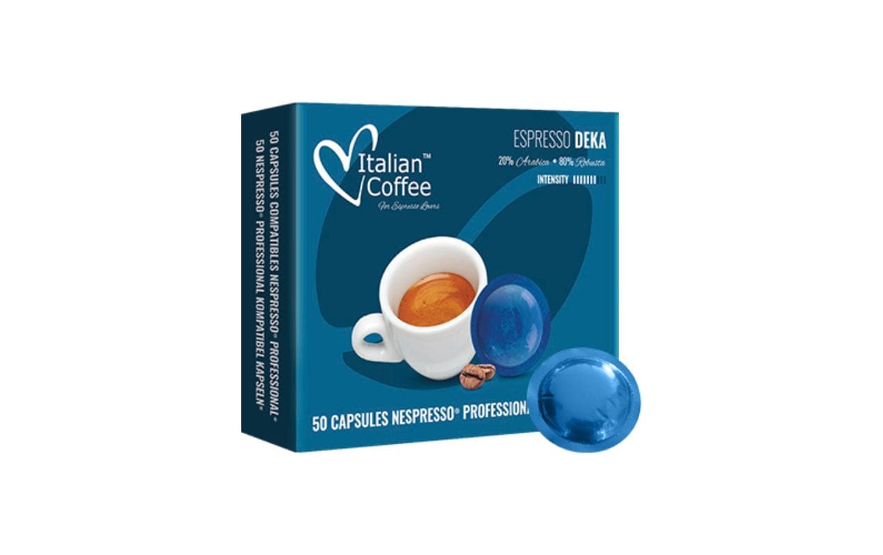Italian Coffee Espresso Deka – Kaffeepads für Nespresso – entkoffeiniert, Intensität 7, 50 Pads