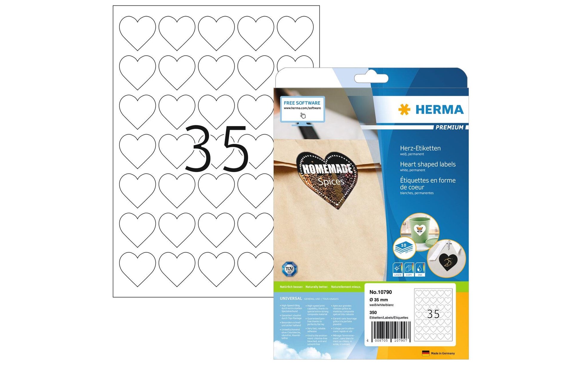 HERMA Herz-Etiketten A4 35 mm – Papier, matt, weiss – permanent haftend – Laser/Inkjet – 35 pro Blatt, 10 Blätter