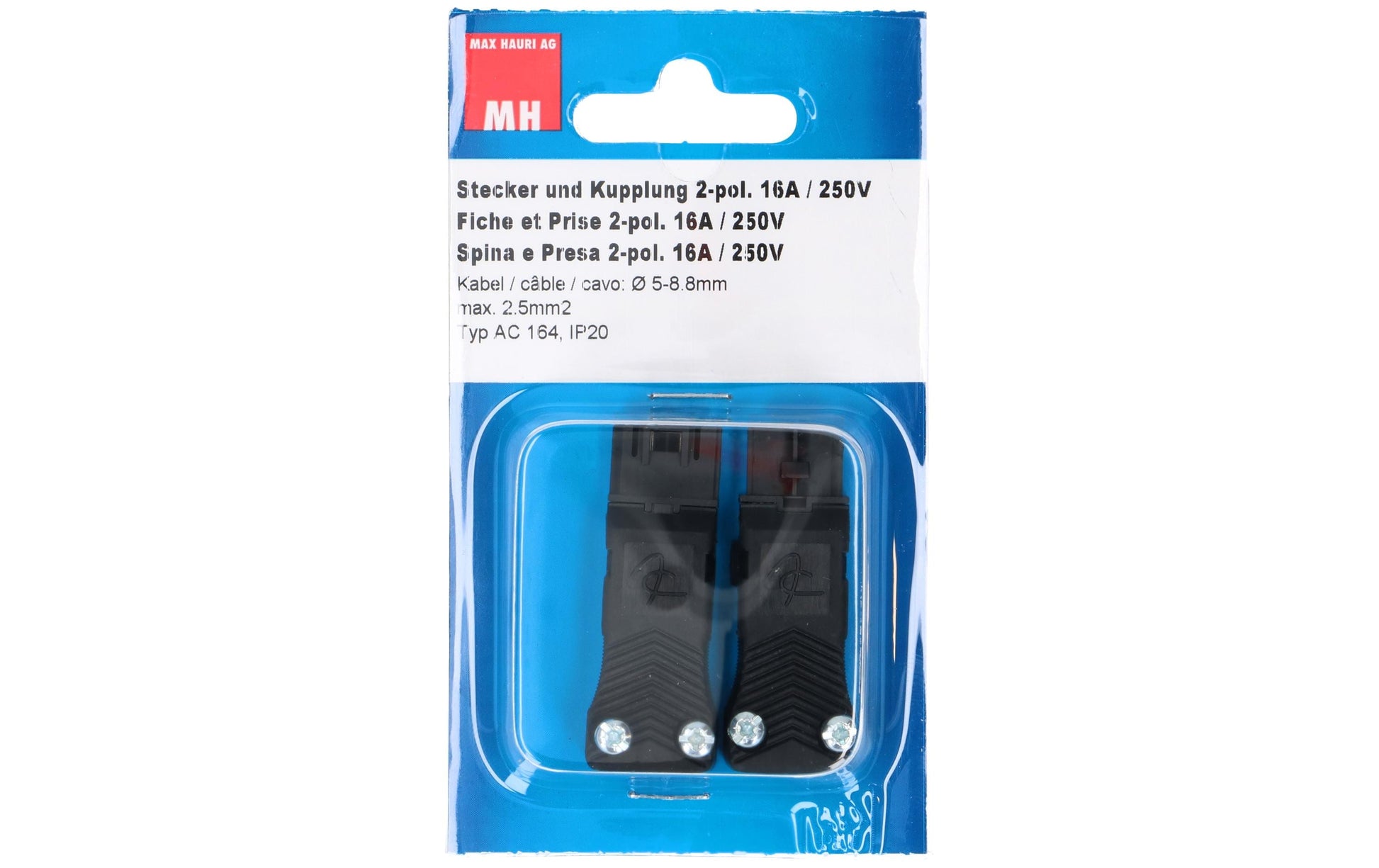 Max Hauri AG Max Hauri AC 164 Montagestecker – 2-polig, 16 A, 250 V, IP20, 18,4 × 51,1 mm, Schwarz