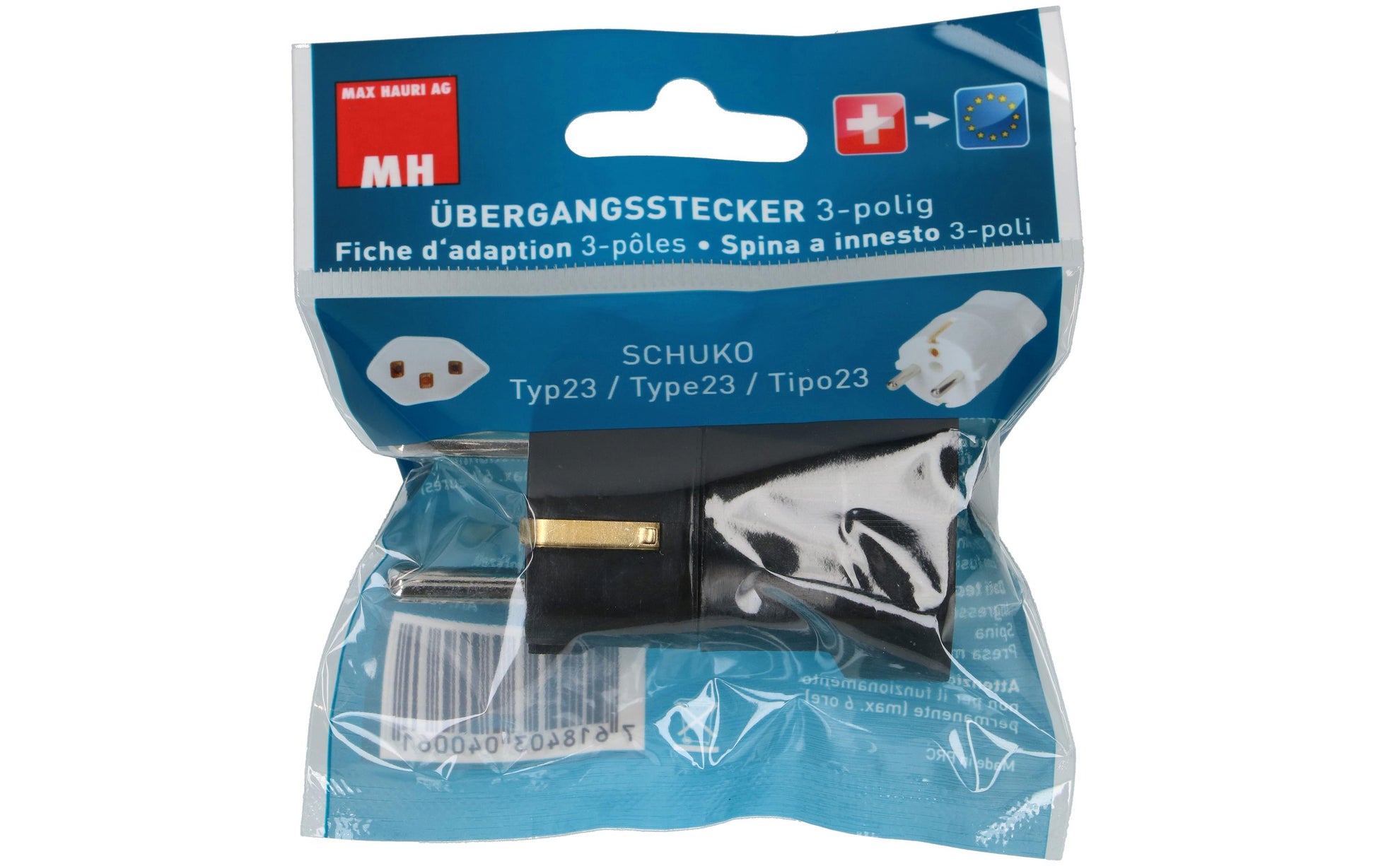 Max Hauri AG Max Hauri – Reiseadapter – geerdet, 16 A, 230 V – von Typ F zu Typ T23 – 40×30×70 mm – schwarz – 1 Stk.