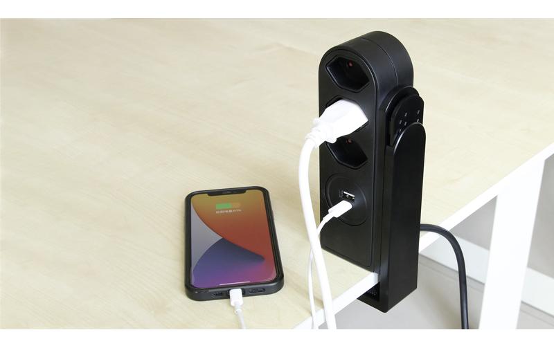 Steffen Tischsteckdosenleiste 50 00092 SW – 1,50 m, Kunststoff, Schwarz, mit USB-C, 1er-Pack, für Typ J