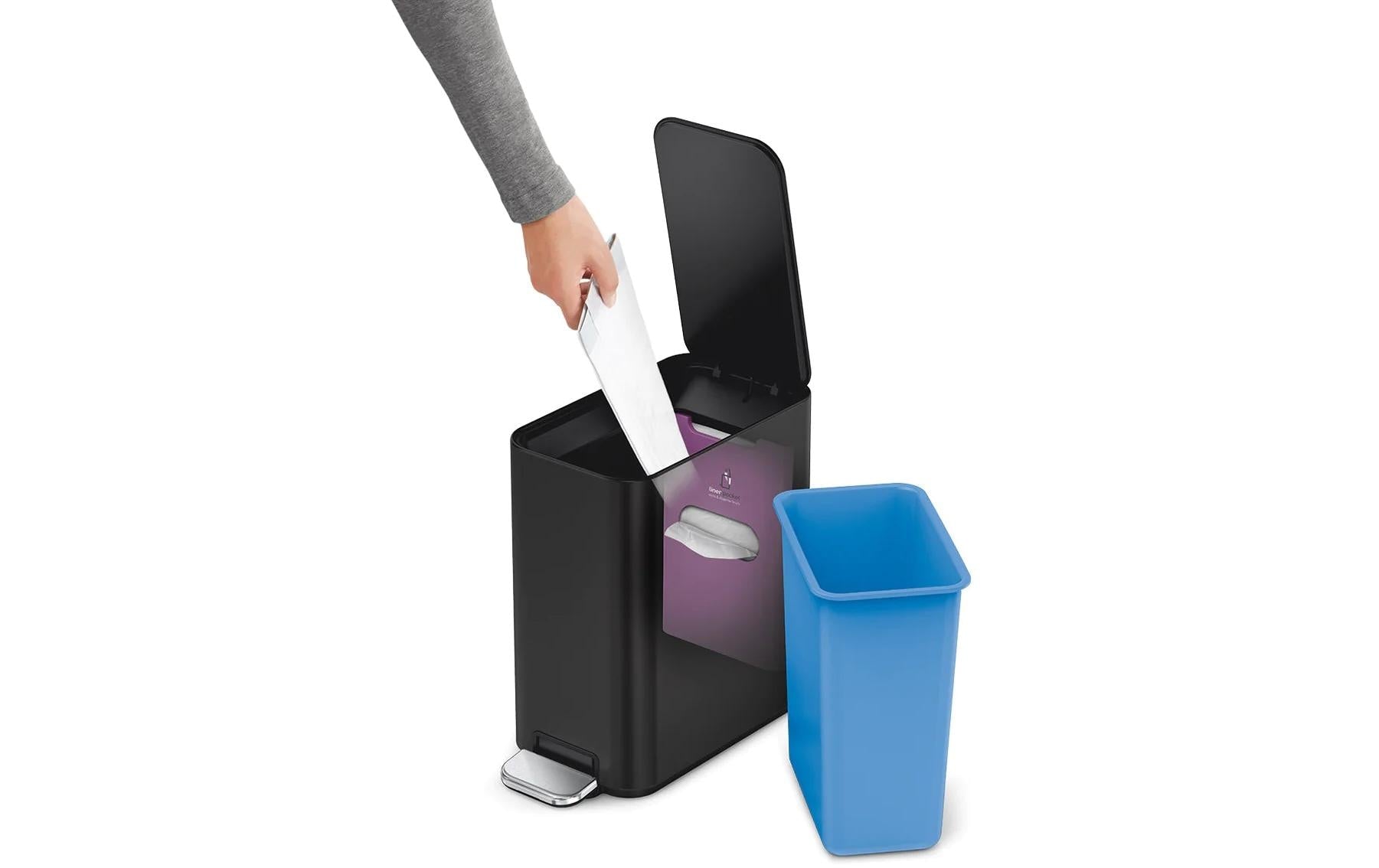 simplehuman Papierkorb – 5 l, mit Deckel, Edelstahl, schwarz matt – B × H × T 157 × 310 × 320 mm