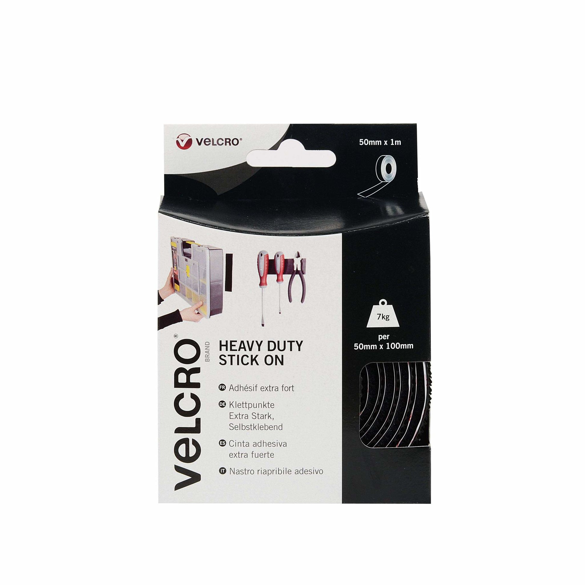Velcro Klettband extra stark, selbstklebend – 50 mm × 1 m, schwarz, 1 Stk.