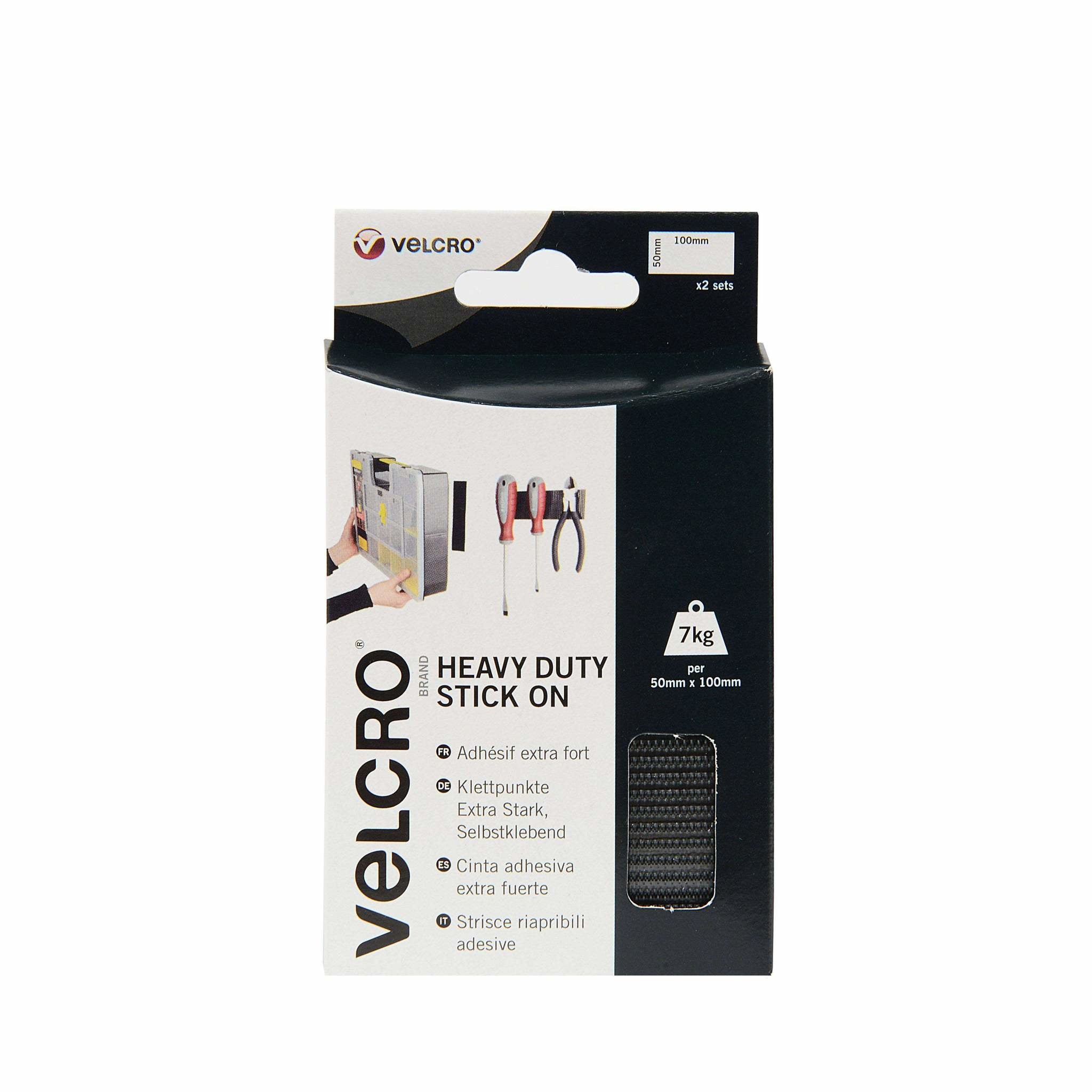 Velcro Klettstreifen extra stark – 50 mm × 0,1 m, schwarz, selbstklebend, bis 7 kg, 2 Sets