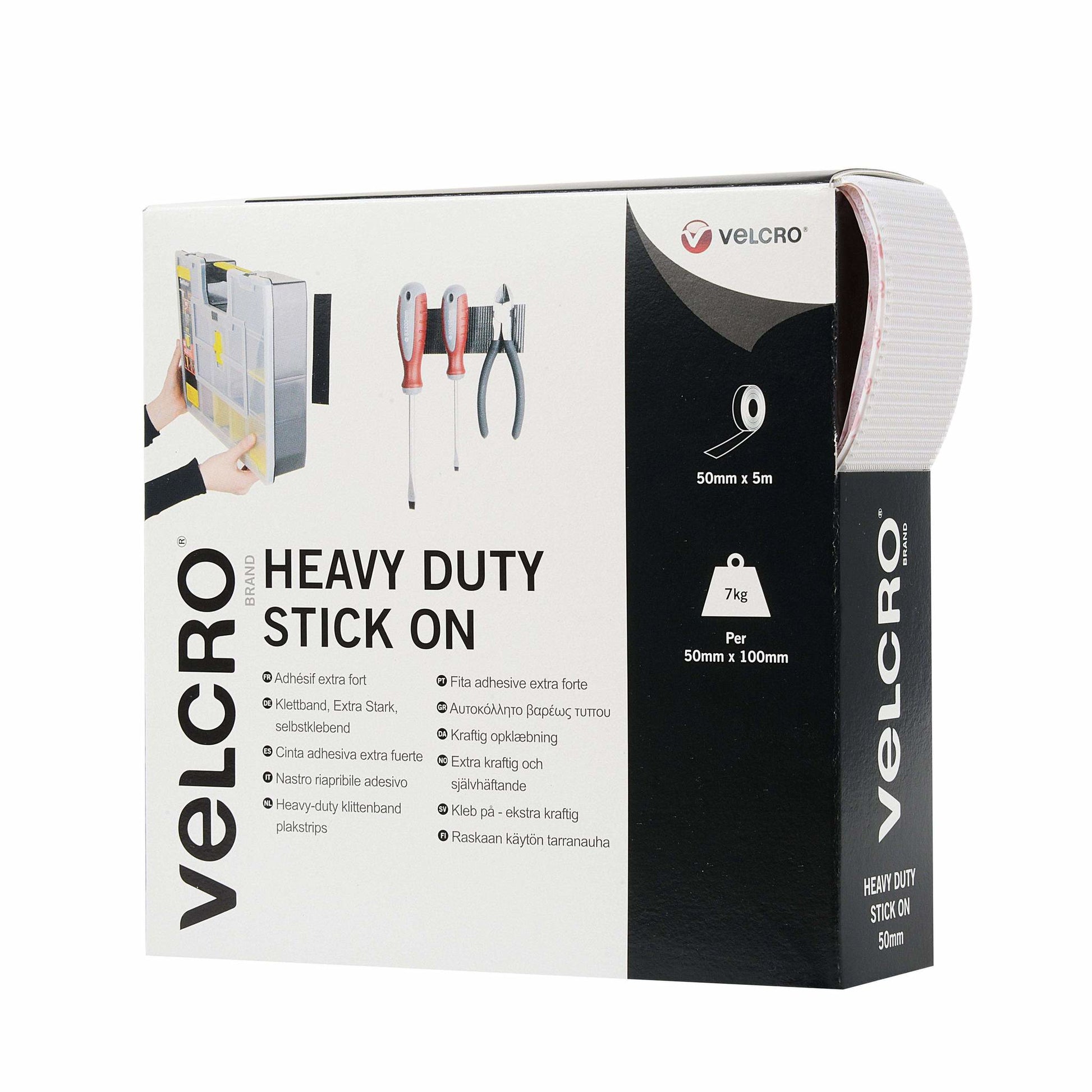 Velcro Klettband extra stark – 50 mm × 5 m, weiss, selbstklebend, 1 Stk.