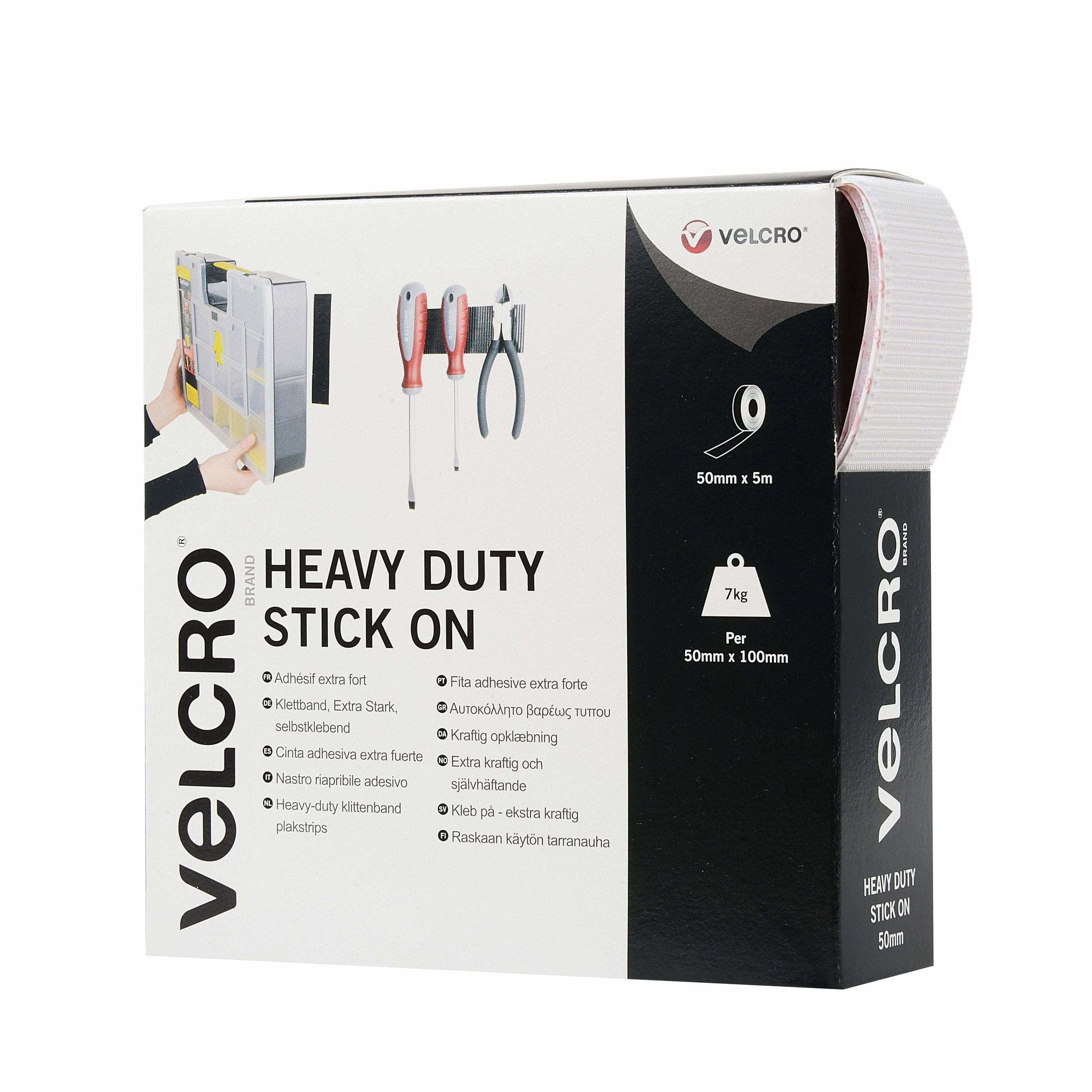 Velcro Klettband extra stark – 50 mm × 5 m, weiss, selbstklebend, 1 Stk.