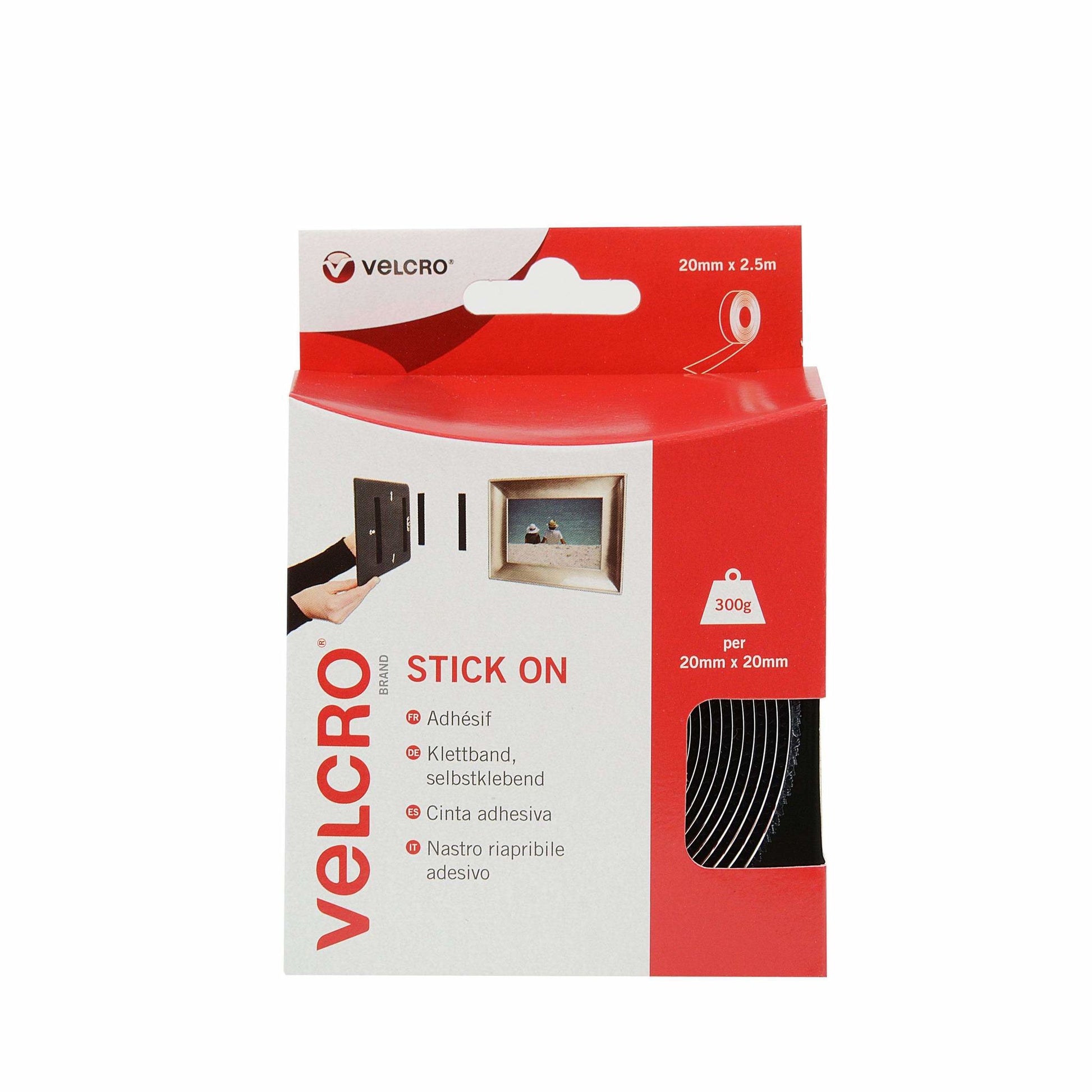 Velcro Selbstklebendes Klettband – 20 mm × 2,5 m, Schwarz, 1 Stk.
