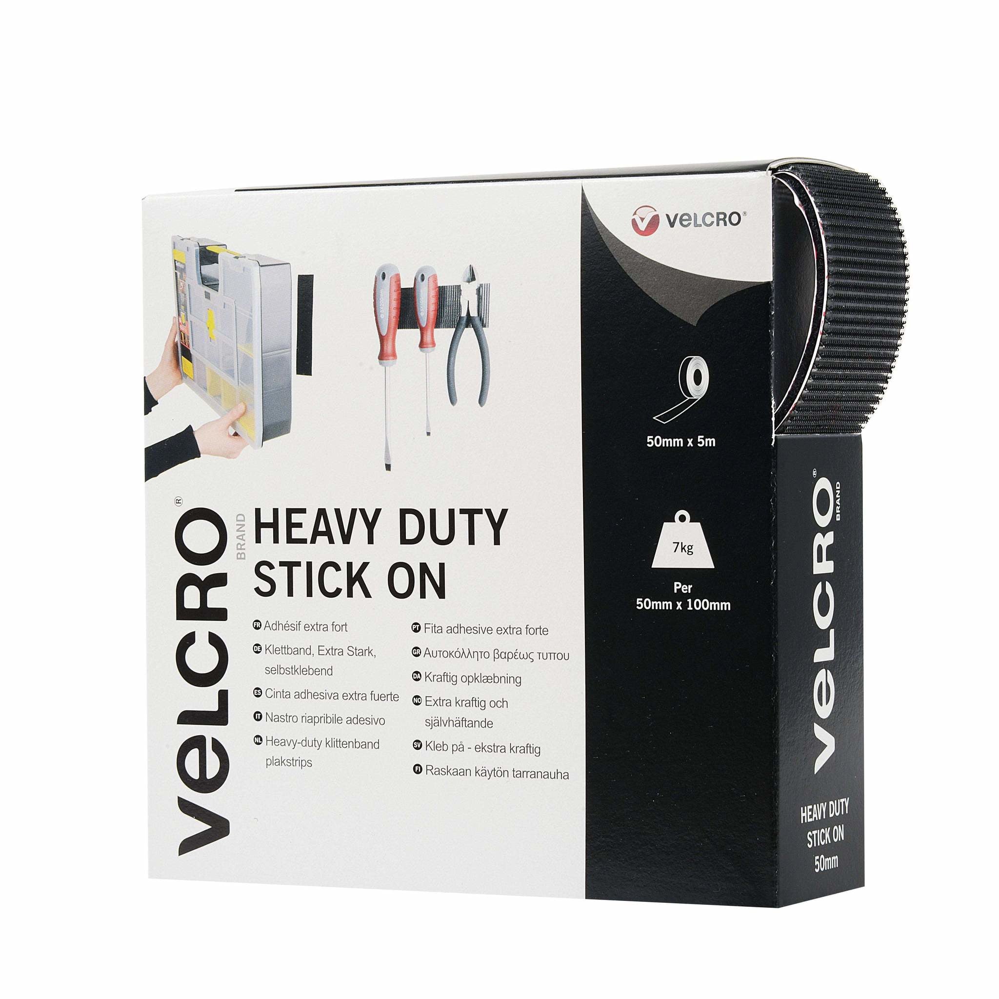 Velcro Klettband extra stark – 50 mm × 5 m, schwarz, selbstklebend, Innen & Aussen, 1 Stk.