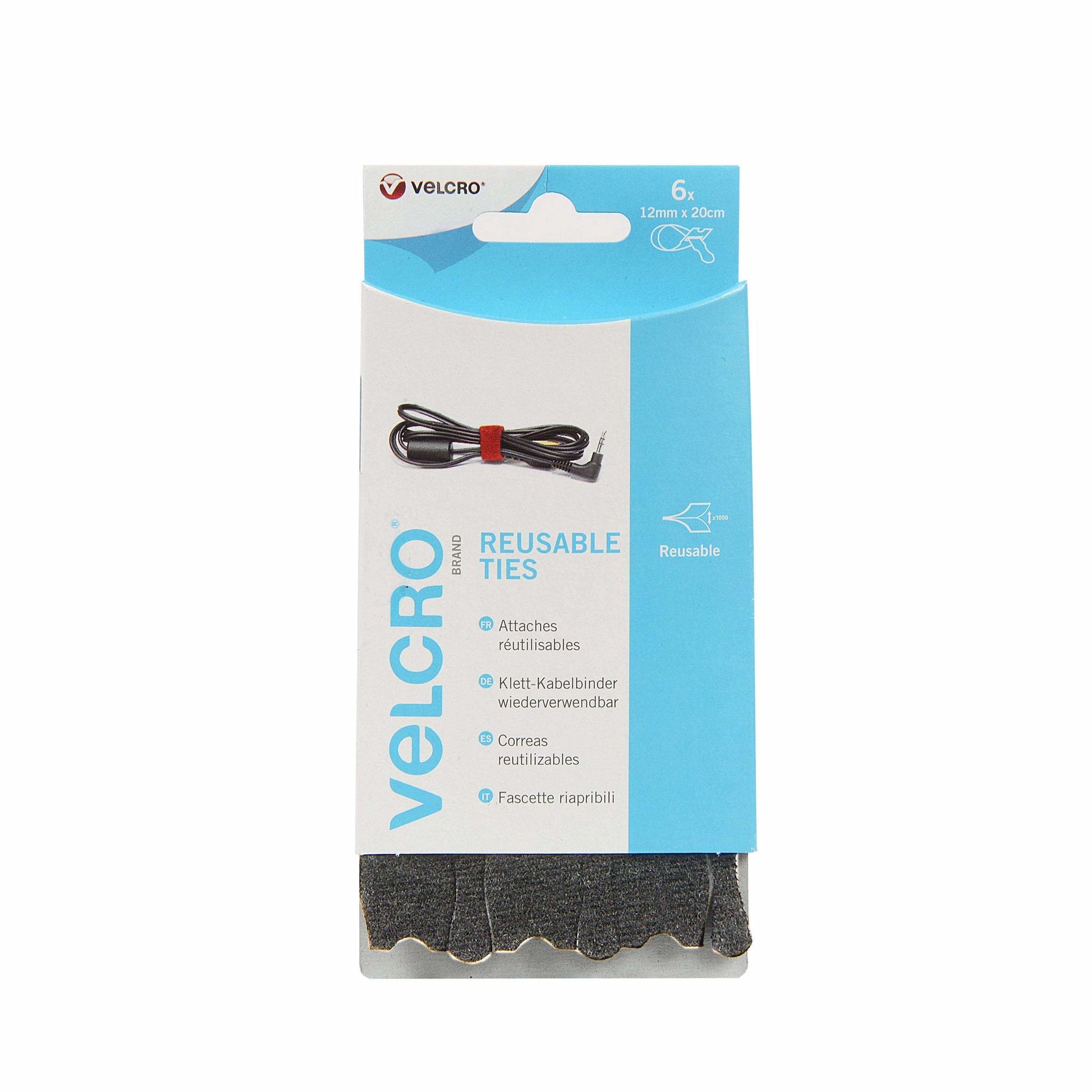 Velcro Klettkabelbinder, 12 mm × 0,20 m, schwarz, 6 Stück