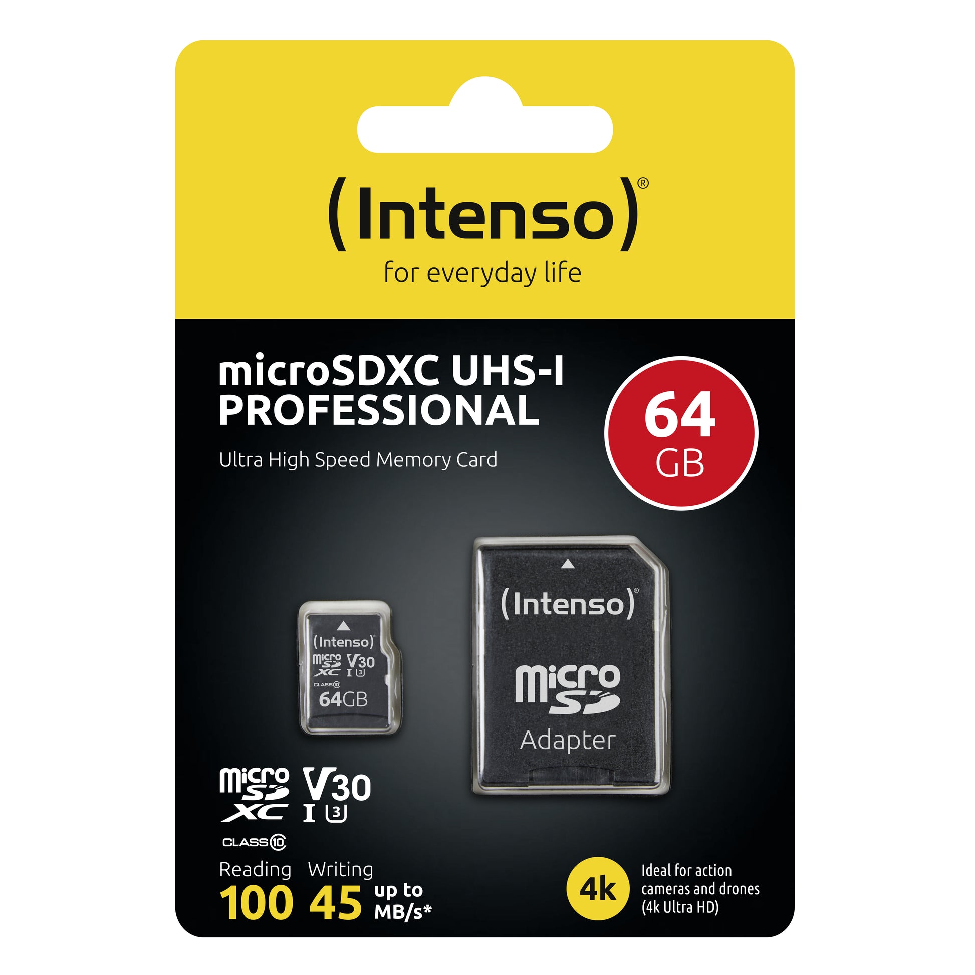 Intenso 3433490 microSDXC 64 GB – UHS-I, Klasse 10, U3, V30, 100/45 MB/s, inkl. SD-Adapter