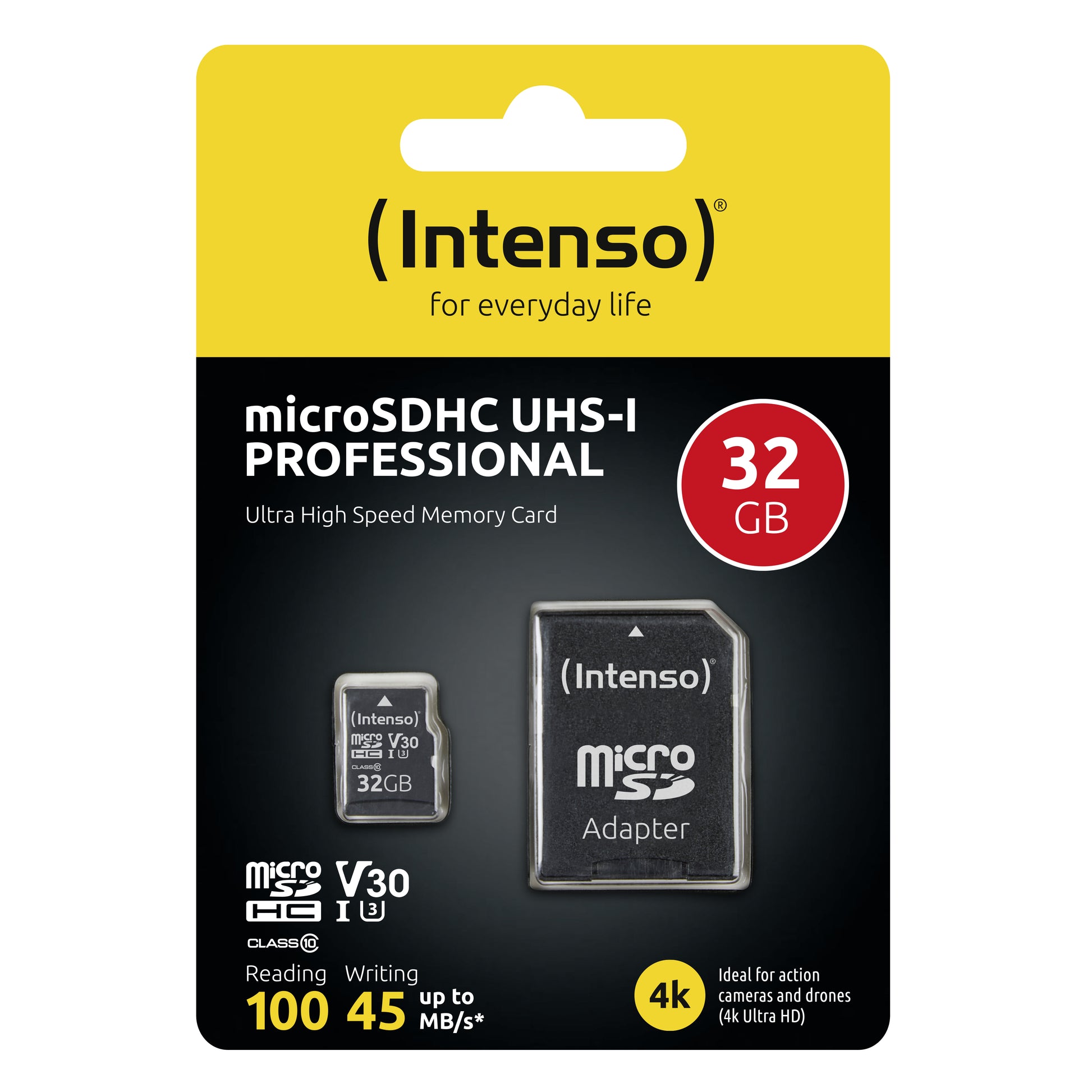 Intenso PRO 3433480 microSDHC 32 GB – UHS-I, Klasse 10, U3, V30, 100/45 MB/s, inkl. SD-Adapter