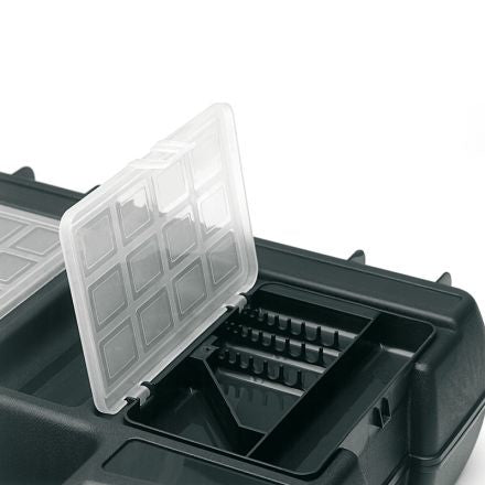 Art Plast Werkzeugkoffer – leer, abschliessbar, mit Deckel, schwarz/gelb, B 400 × H 133 × T 340 mm
