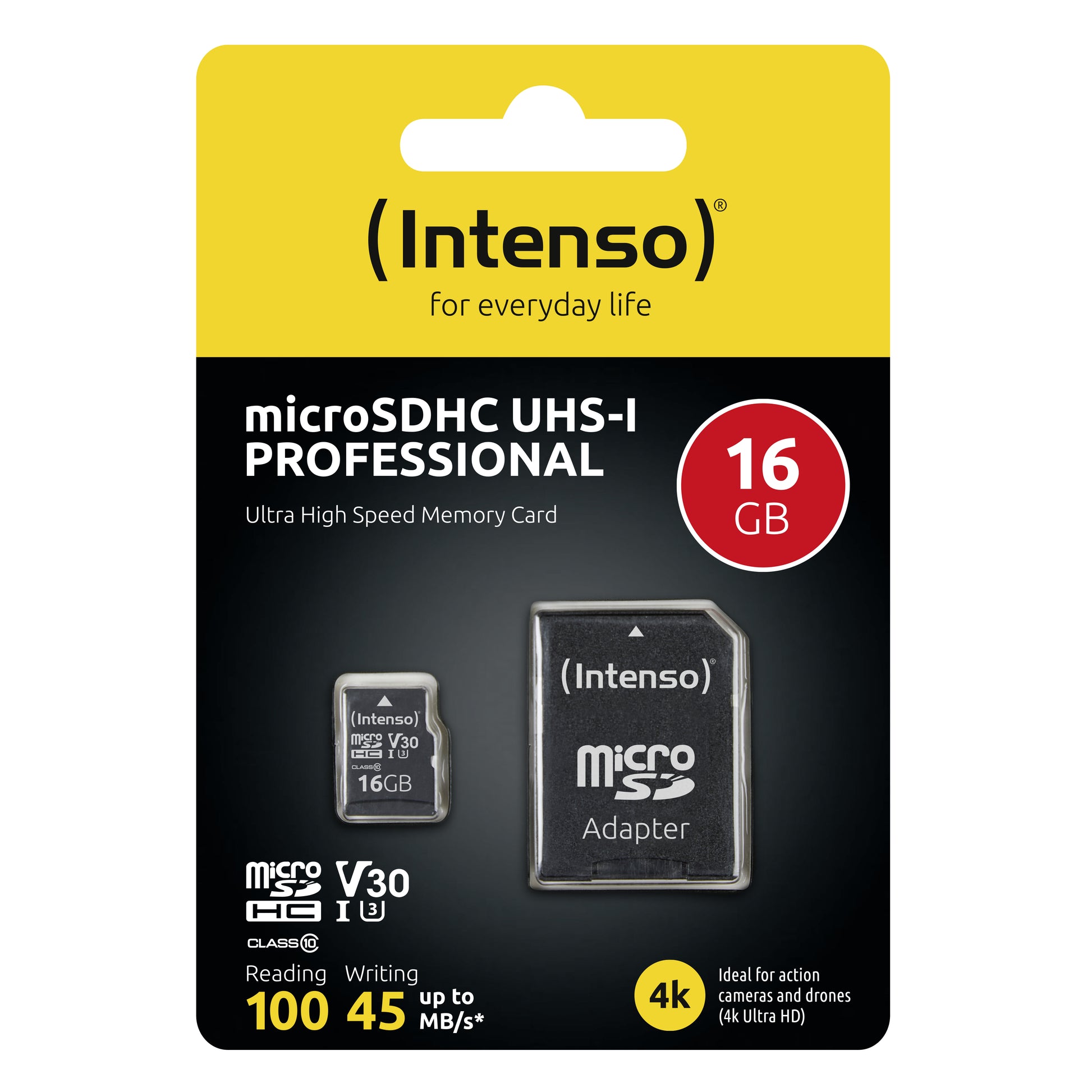 Intenso PRO 3433470 microSDHC 16 GB – UHS-I, Klasse 10, U3, V30, 100/45 MB/s, inkl. SD-Adapter
