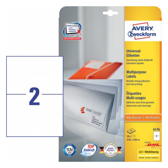 Avery 6176 – Etiketten A4 210 × 148 mm – Papier, weiss – permanent haftend – Laser/Inkjet – 2 pro Blatt, 25 Blätter