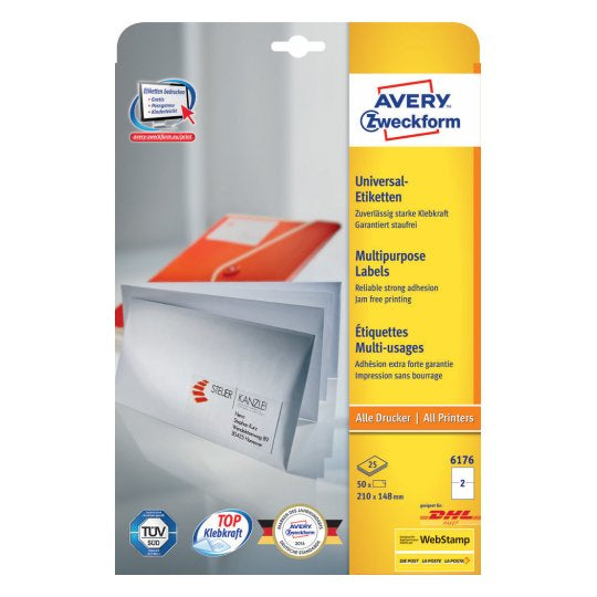 Avery 6176 – Etiketten A4 210 × 148 mm – Papier, weiss – permanent haftend – Laser/Inkjet – 2 pro Blatt, 25 Blätter