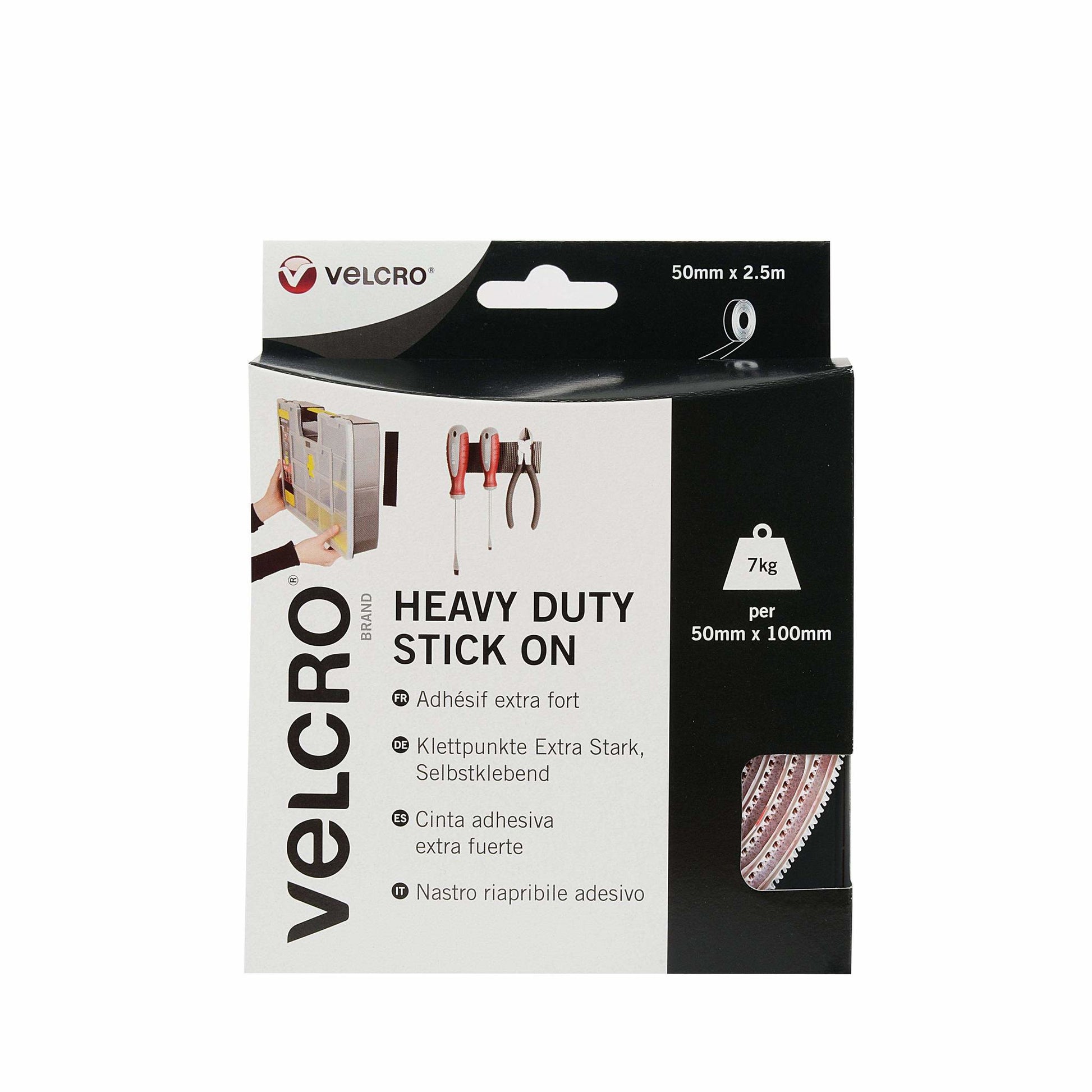 Velcro Klettband extra stark – 50 mm × 2,5 m, weiss, selbstklebend