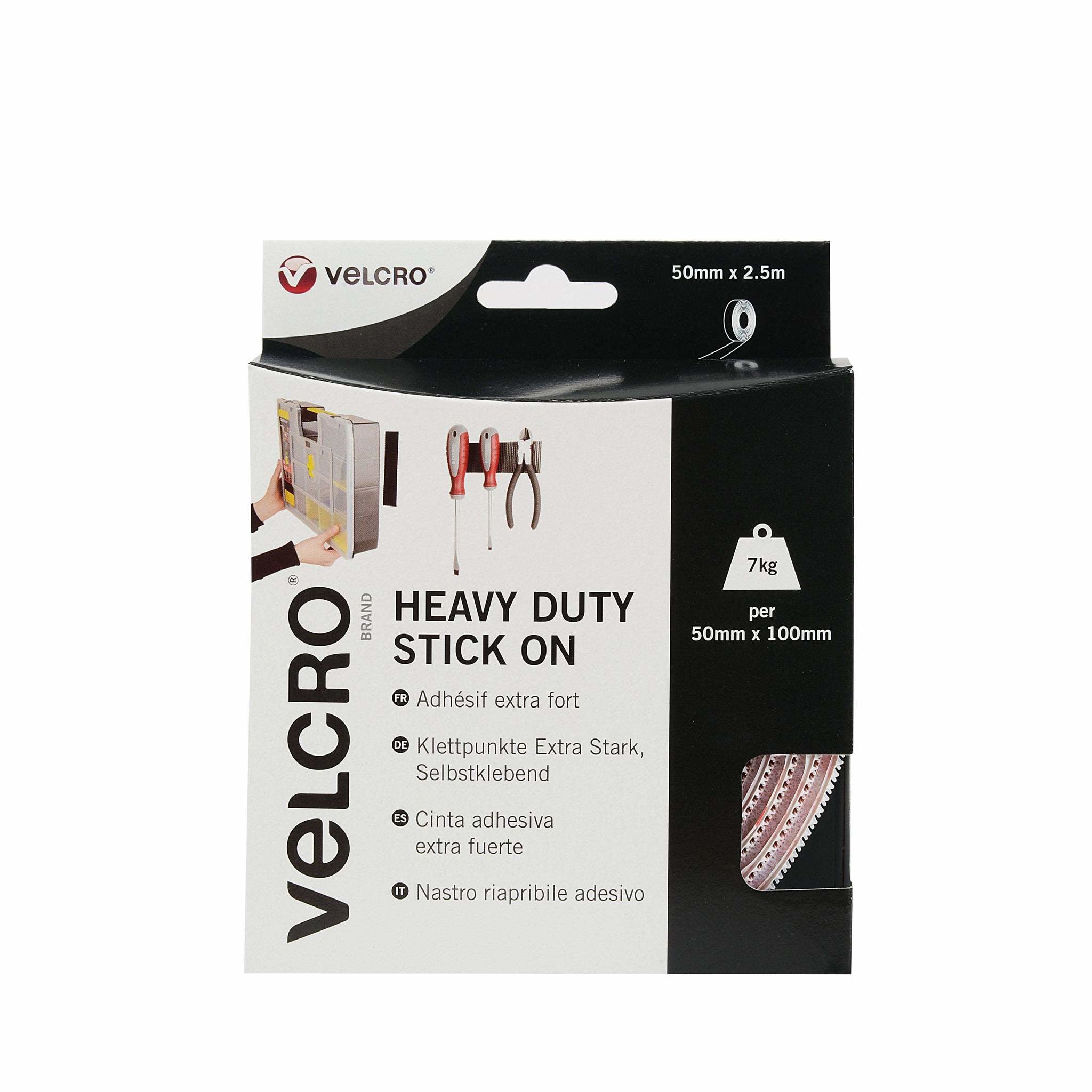 Velcro Klettband extra stark – 50 mm × 2,5 m, weiss, selbstklebend