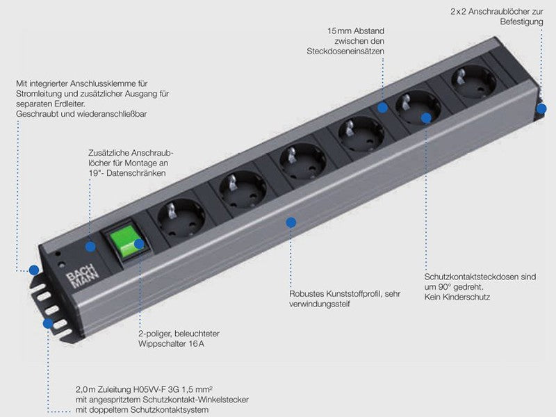 Bachmann Steckdosenleiste – 6×T13, 2 m, 3×Schalter, IP20