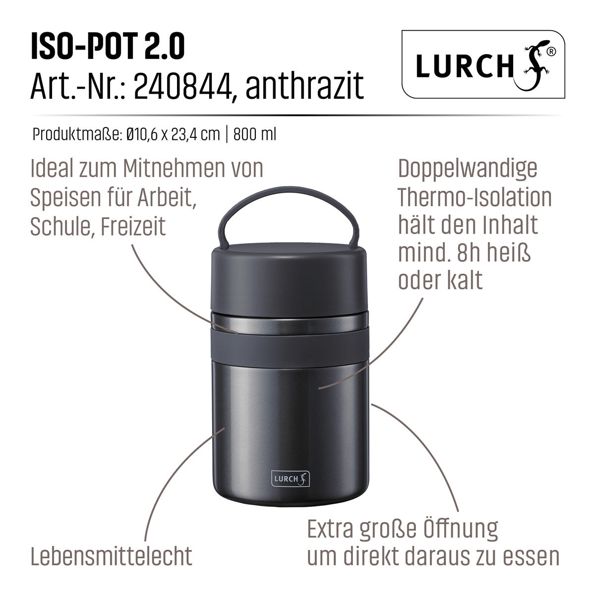 Lurch Thermobox Iso-Pot 2.0 – vakuumisoliert, doppelwandig, 12 h – 0,8 l – schwarz, Edelstahl