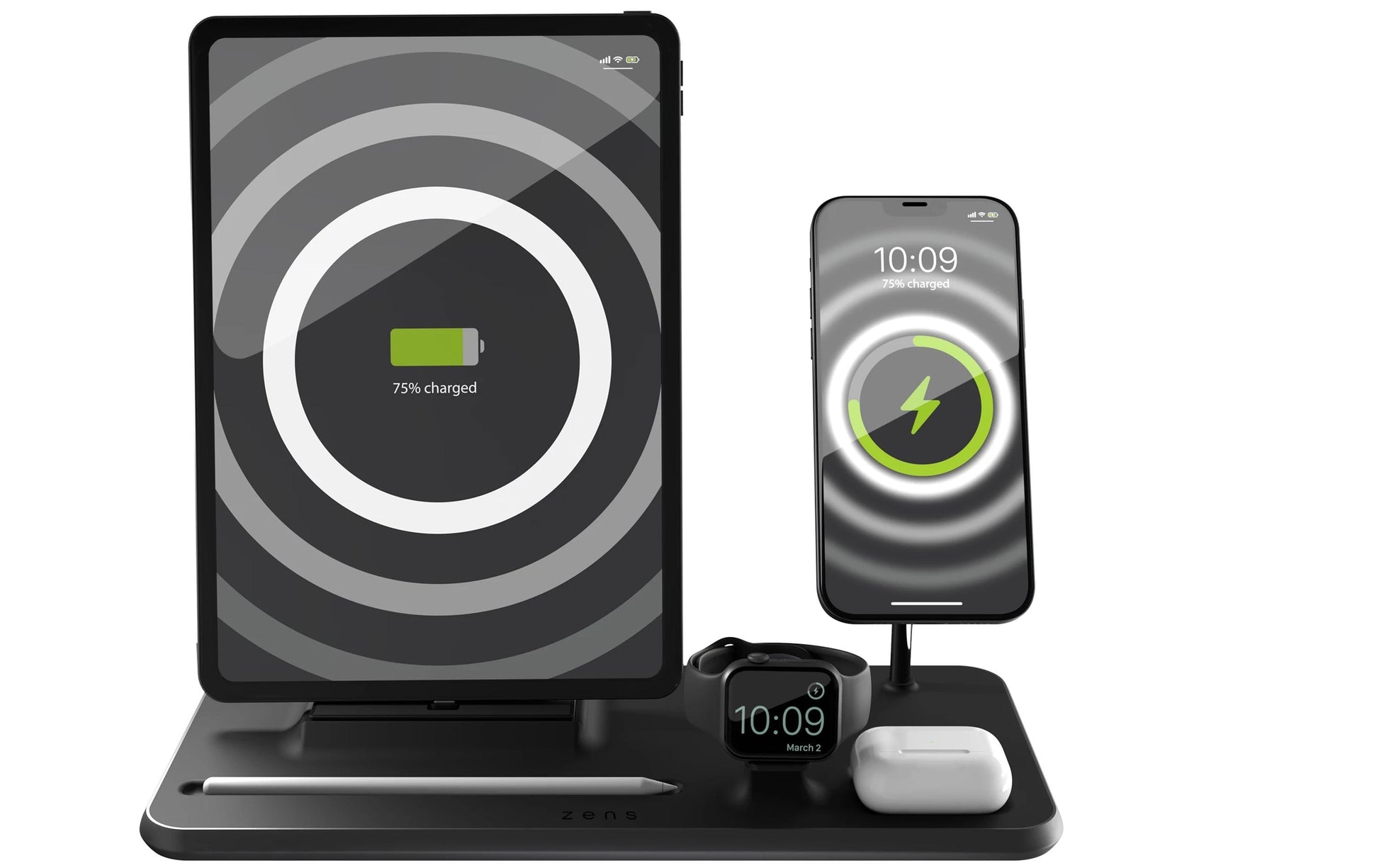 ZENS ZEDC21B/00 Kabelloses Ladegerät 15 W – Qi, PD – USB‑C×1 – 4× gleichzeitig – für Smartphone und mehr – Schwarz