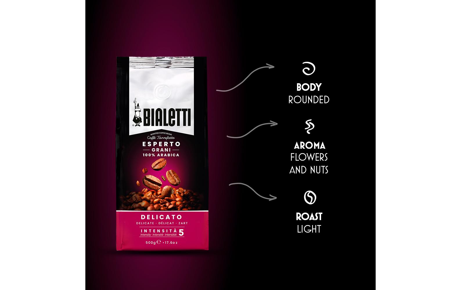 Bialetti Esperto Delicato – Kaffeebohnen – Espresso, Intensität 5, 500 g