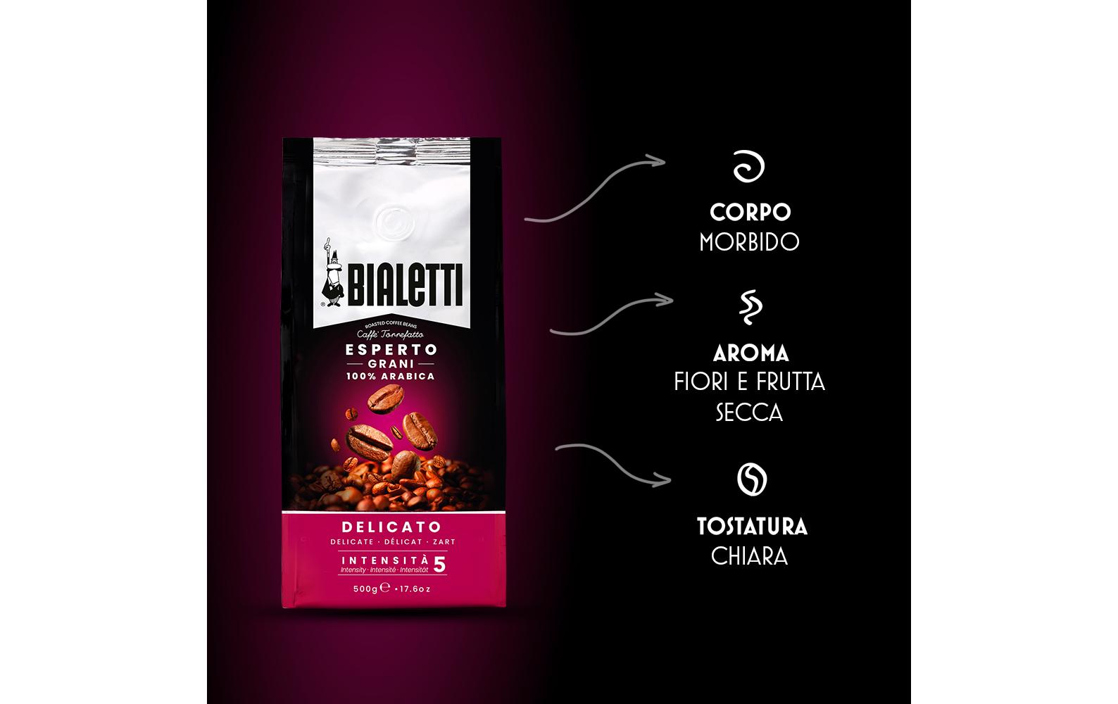 Bialetti Esperto Delicato – Kaffeebohnen – Espresso, Intensität 5, 500 g