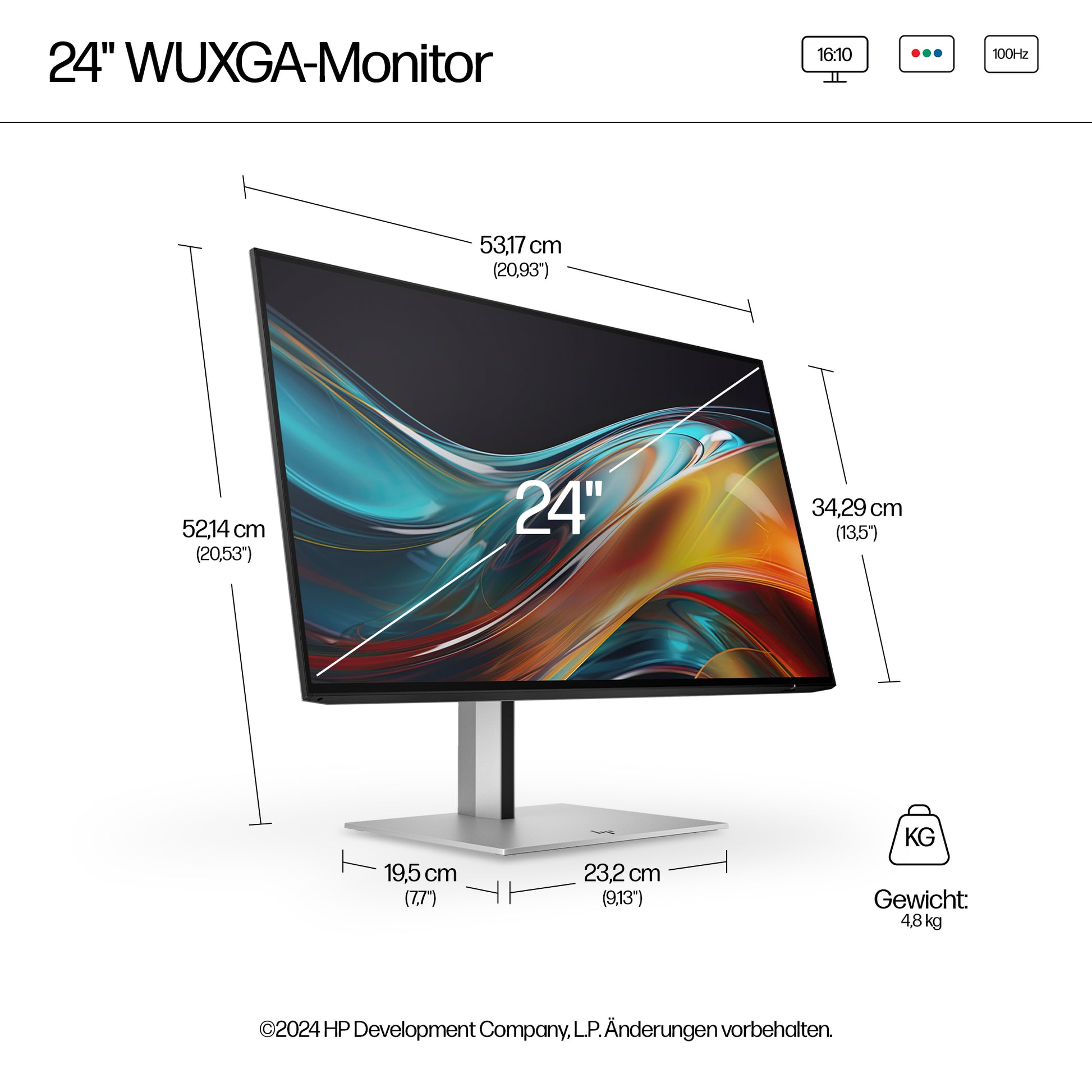 HP 724PN – Monitor, 24" 1920 × 1200 (WUXGA), IPS, 350 cd/m², HDMI, DisplayPort, USB