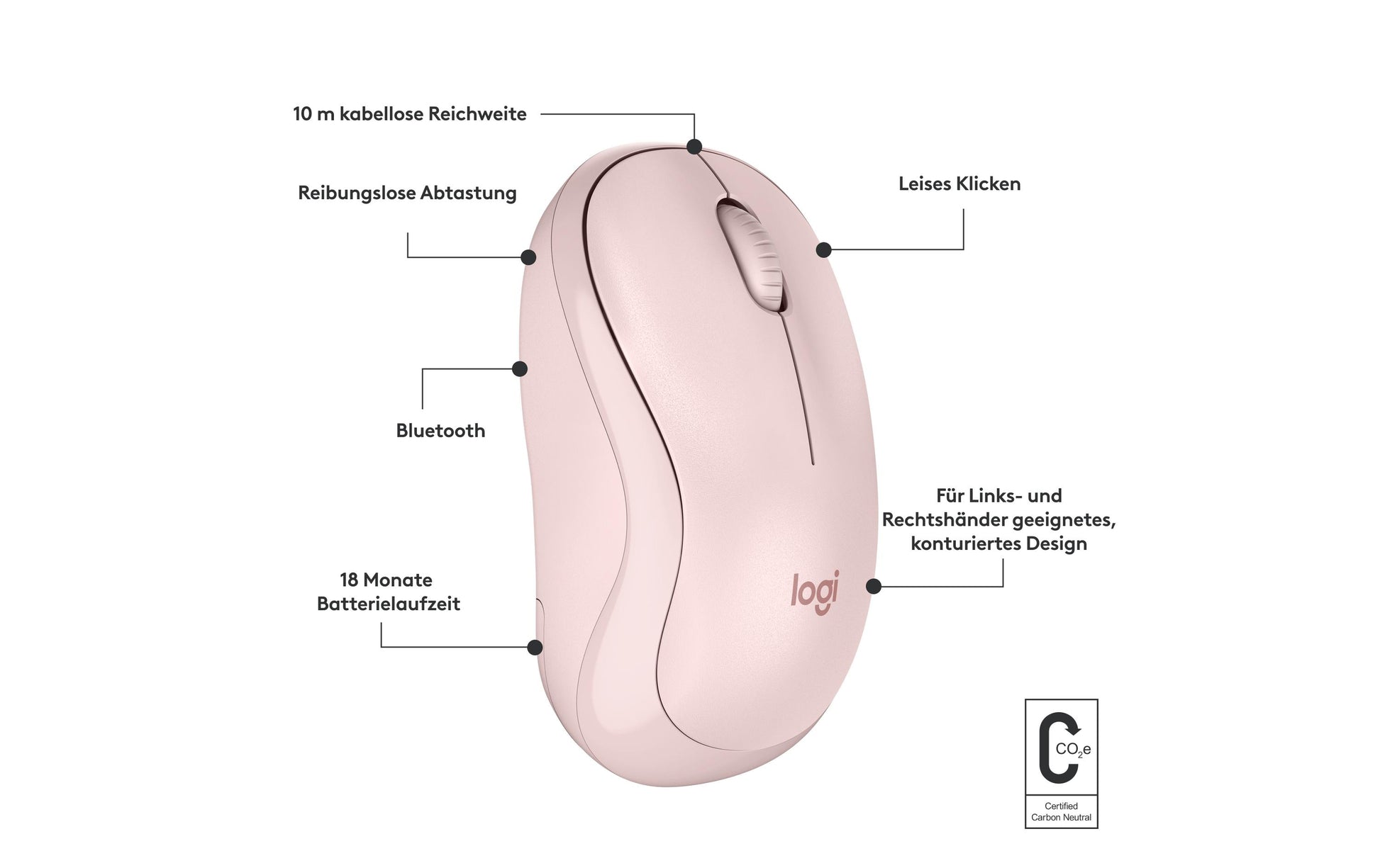 Logitech M240 Silent Maus – kabellos, Bluetooth, Silent-Tasten, Rosa
