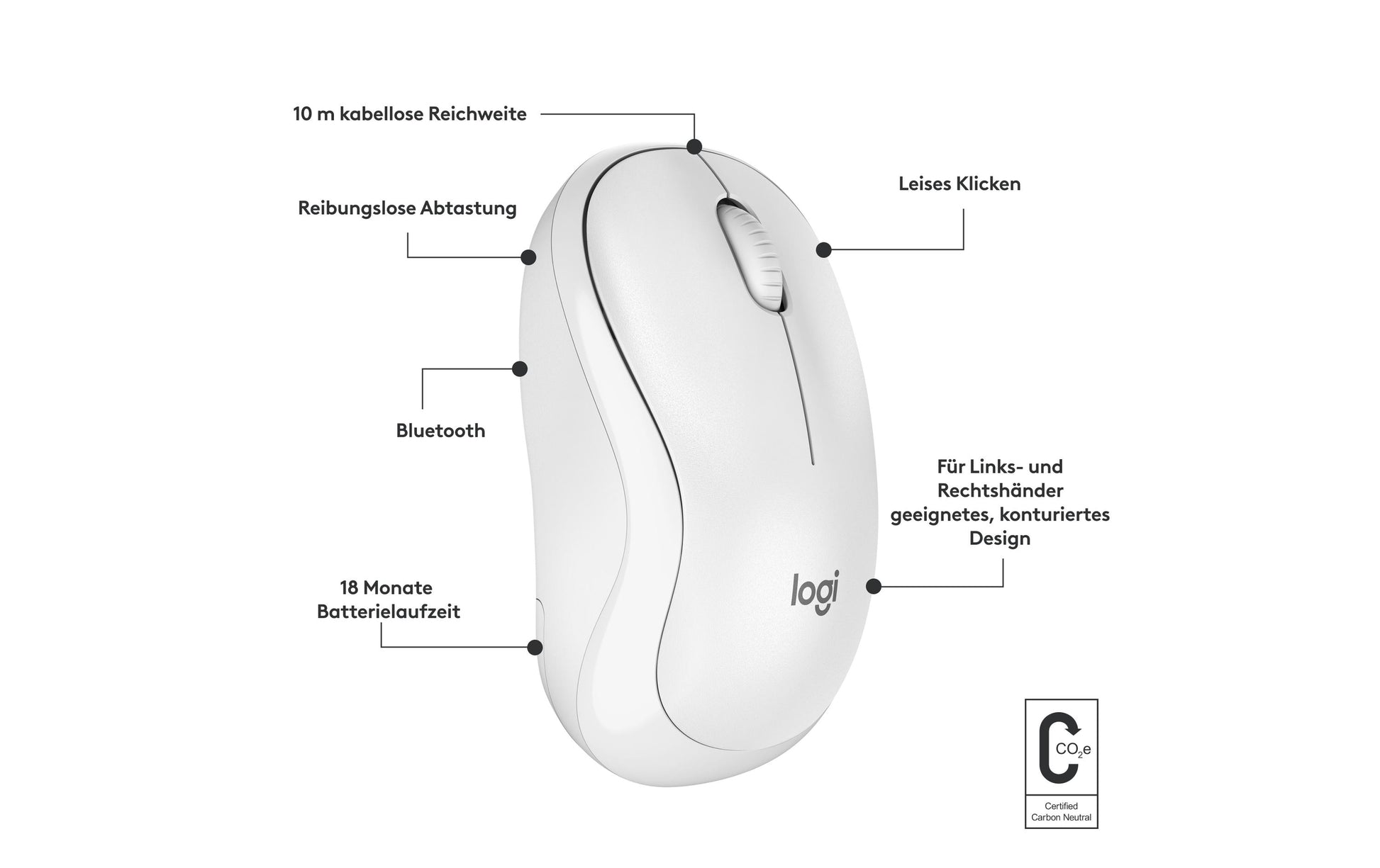 Logitech M240 Silent Maus – kabellos, Bluetooth, Silent-Tasten, Weiss