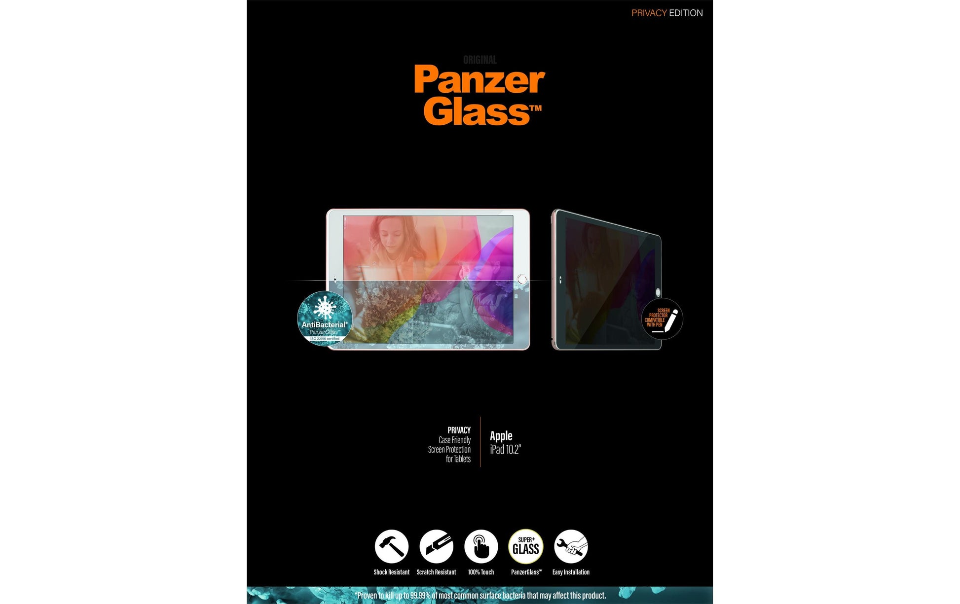 PanzerGlass Privacy-Filter (Panzerglas), Antibakteriell – für iPad 10,2"