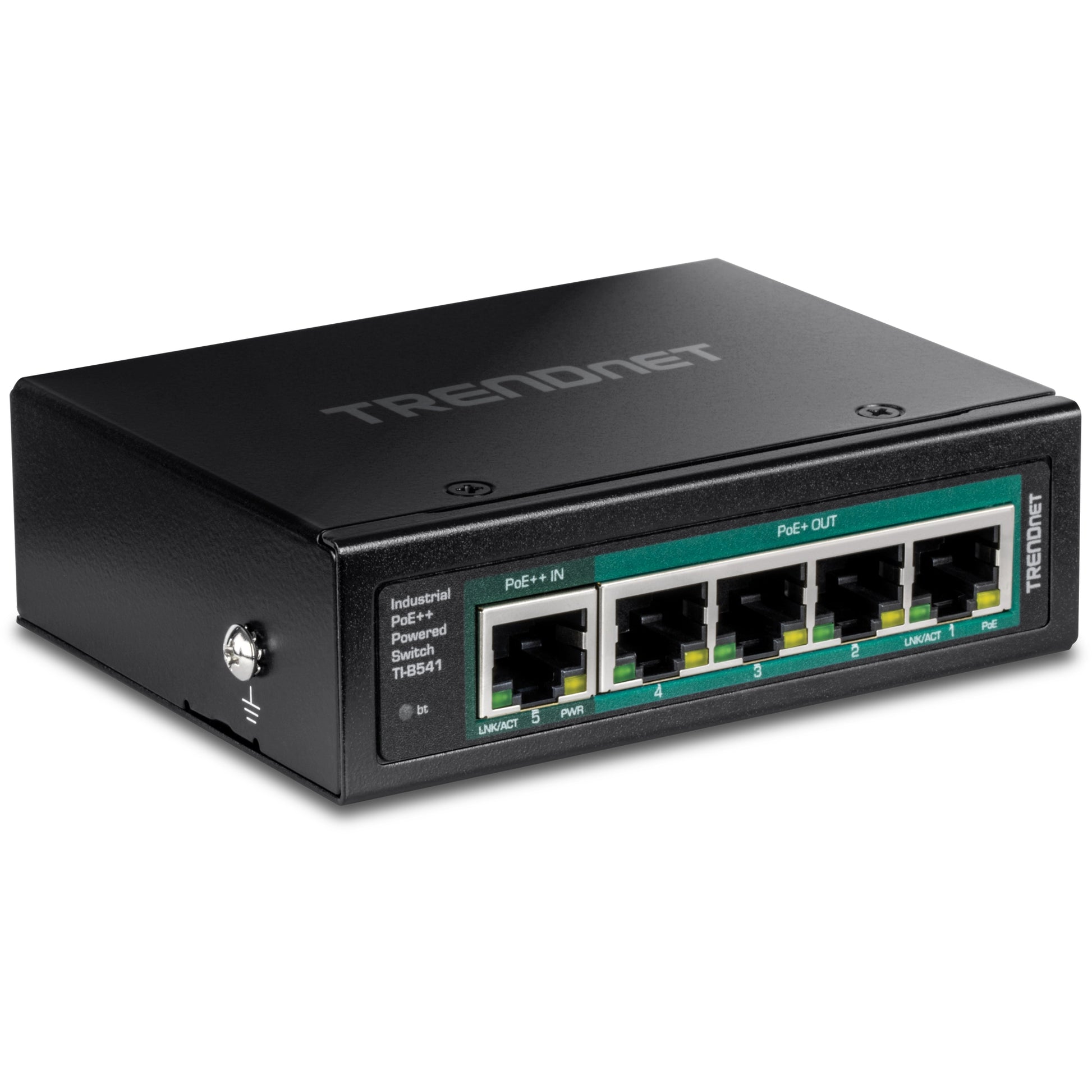 TRENDnet TI-B541 – Unmanaged Switch – 5× 1G, PoE++ (4× PoE+ Ausgänge), PoE-Budget 65 W, DIN-Rail, IP30