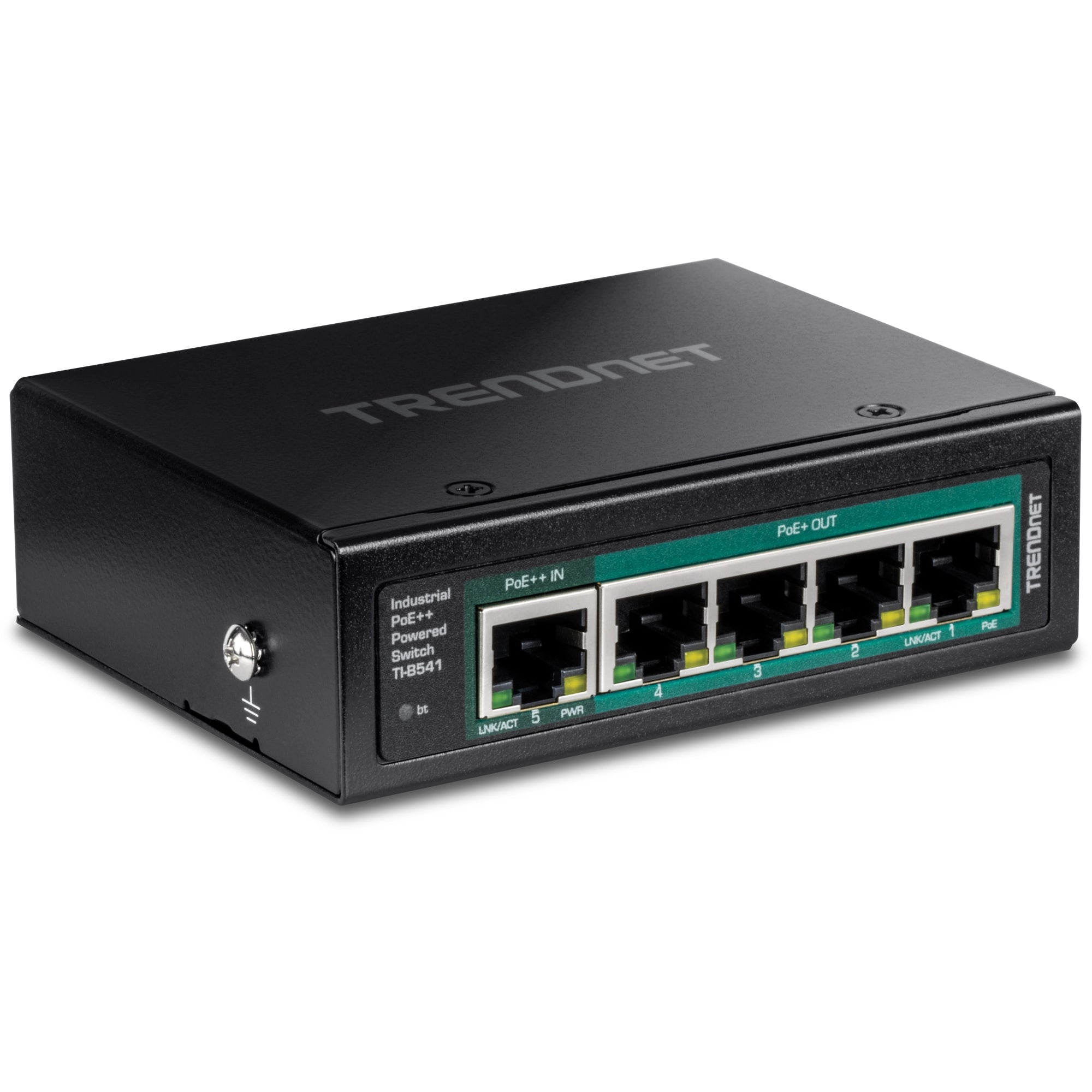 TRENDnet TI-B541 – Unmanaged Switch – 5× 1G, PoE++ (4× PoE+ Ausgänge), PoE-Budget 65 W, DIN-Rail, IP30