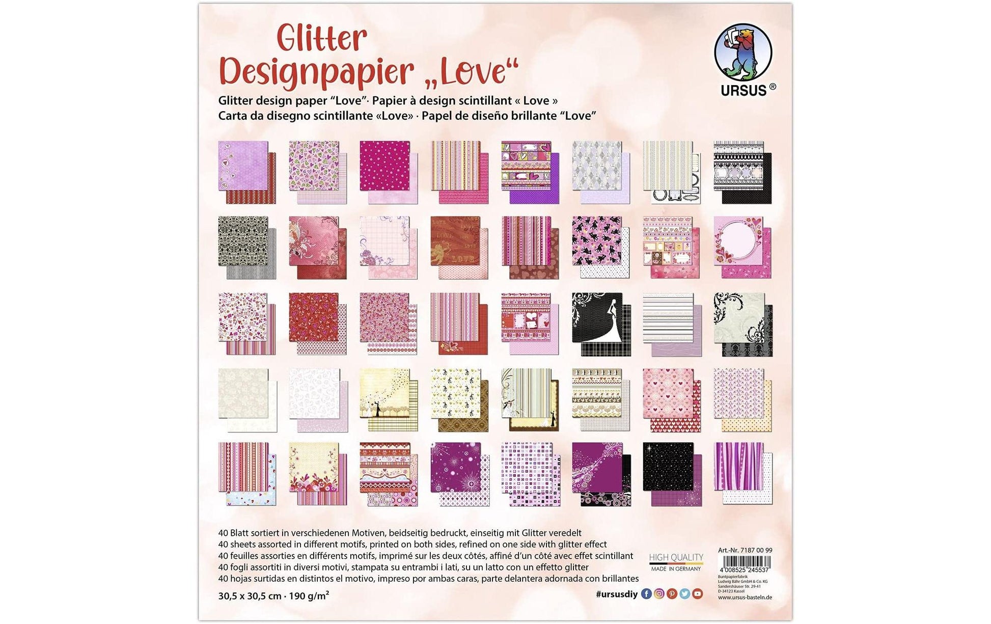 URSUS Designpapier Glitter – 30,5 × 30,5 cm, Love, mehrfarbig, 190 g/m² – 40 Blatt, Kunstpapier