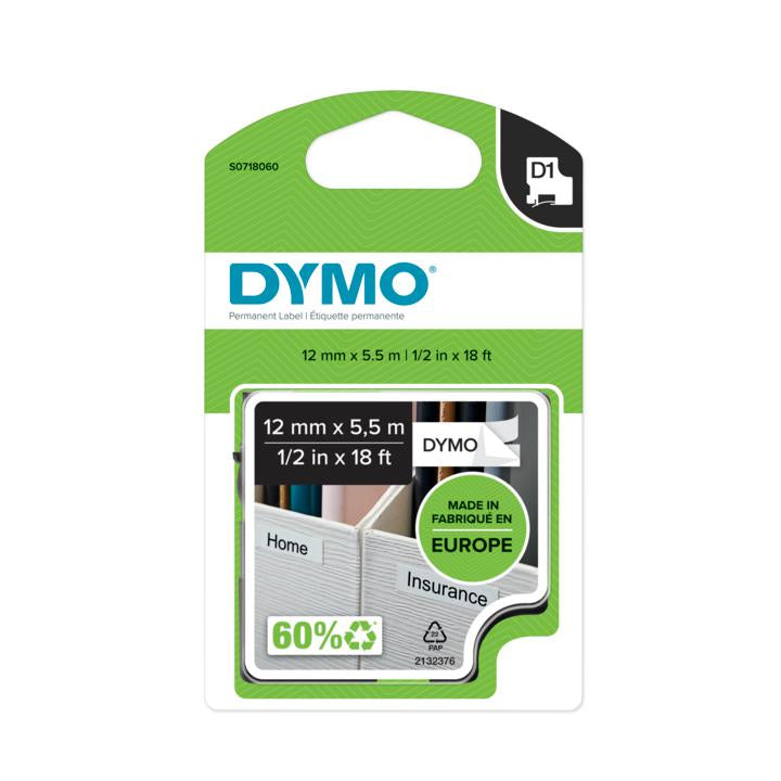 DYMO Schriftband – 12 mm × 5,5 m, weiss, schwarz – D1-TAPE