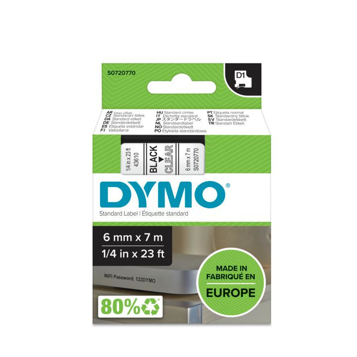 DYMO Schriftband – 6 mm × 7 m, transparent, schwarz – für DYMO POCKET, Dymo 1000+, 2000 und weitere