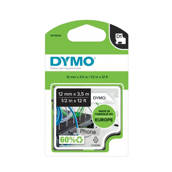 DYMO Textilband – 12 mm × 3,5 m, weiss, schwarz – für LabelPoint 200, 250, 300, u. a. – D1