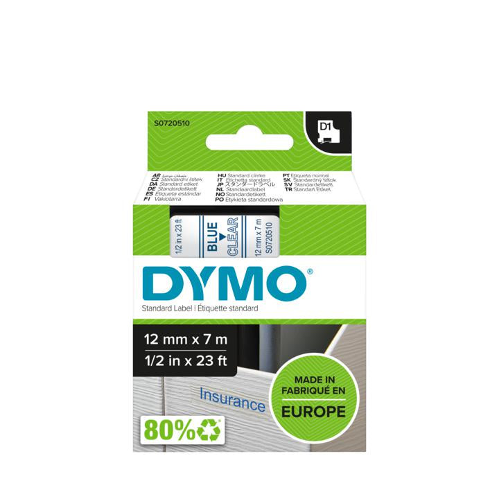 DYMO Schriftband – 12 mm × 7 m, transparent, blau – für LabelPoint: 200, 250, 300, usw.