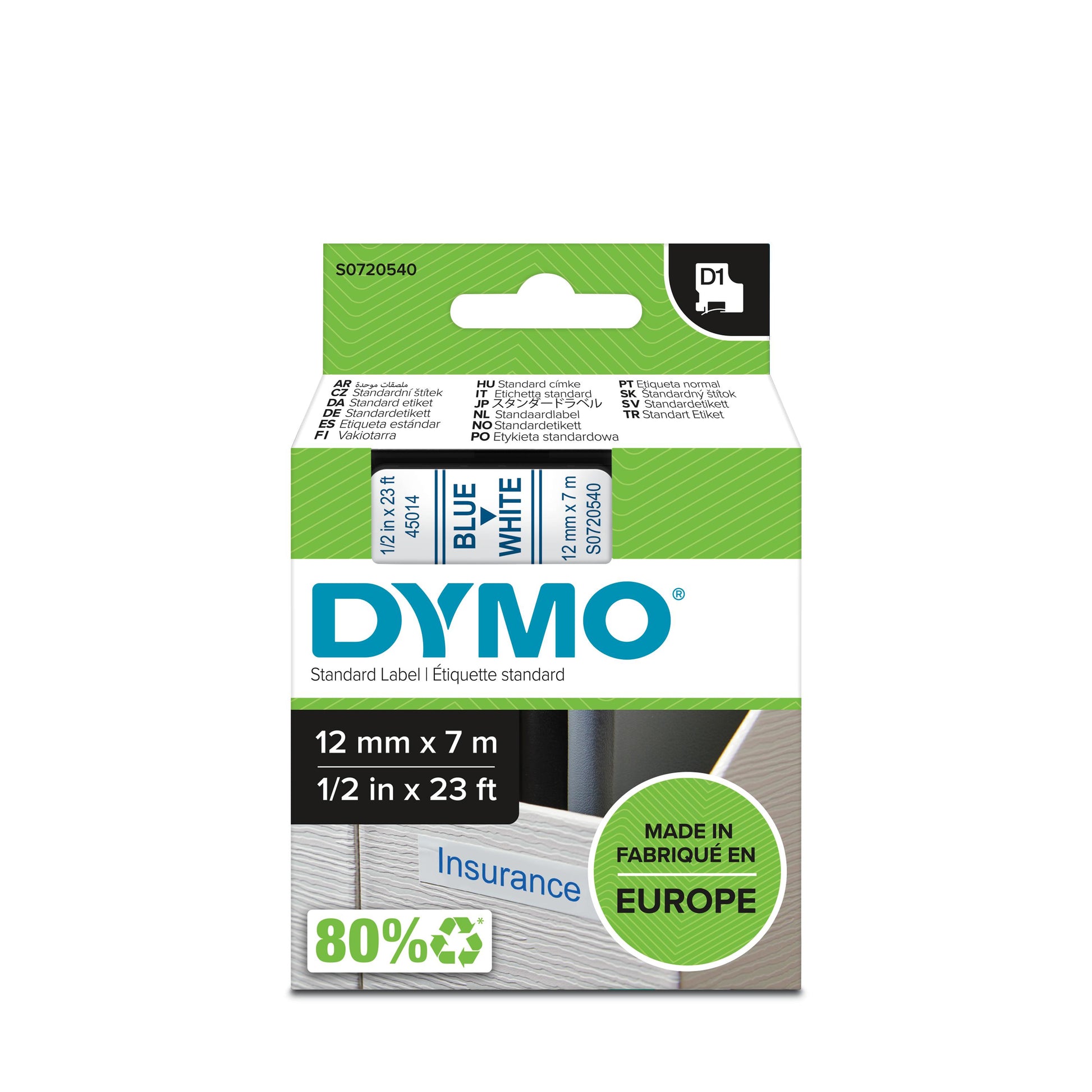 DYMO Schriftband – 12 mm × 7 m, weiss, blau – D1-TAPE