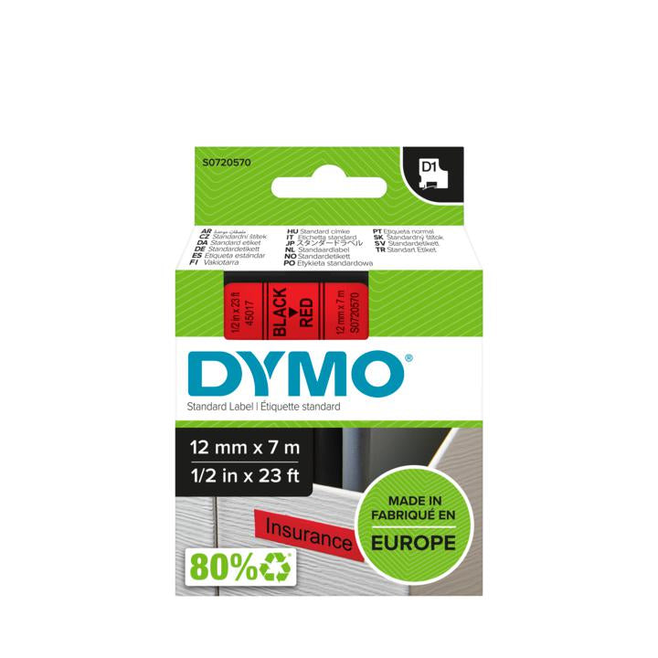 DYMO Schriftband – 12 mm × 7 m, rot, schwarz – D1-TAPE