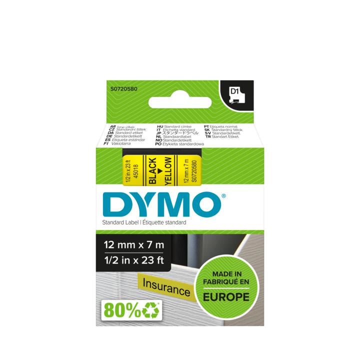 DYMO Schriftband – 12 mm × 7 m, gelb, schwarz – für LabelPoint: 200, 250, 300, u. a. – D1