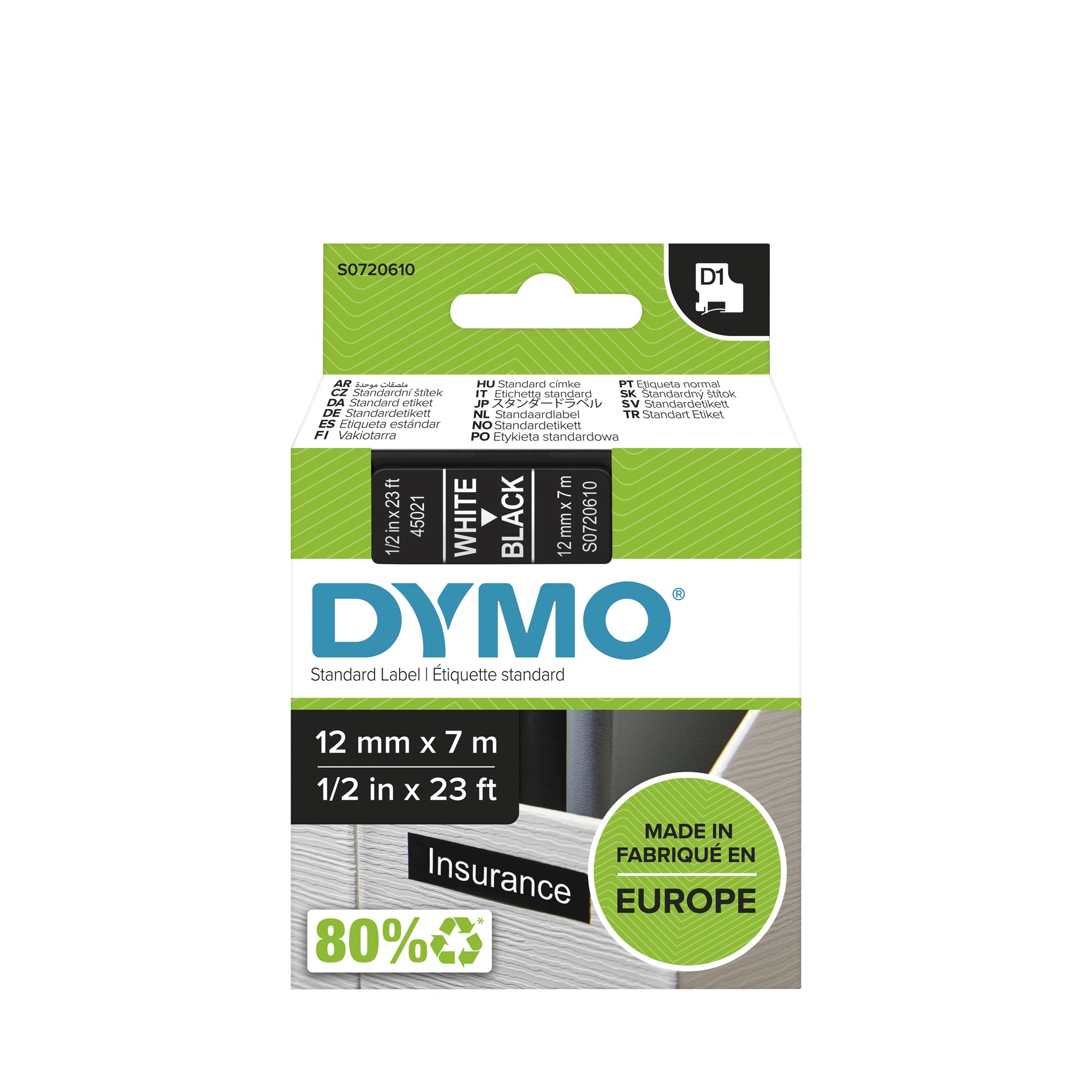 DYMO Schriftband – 12 mm × 7 m, schwarz, weiss – für LabelManager, LabelWriter 450 DUO – D1-TAPE