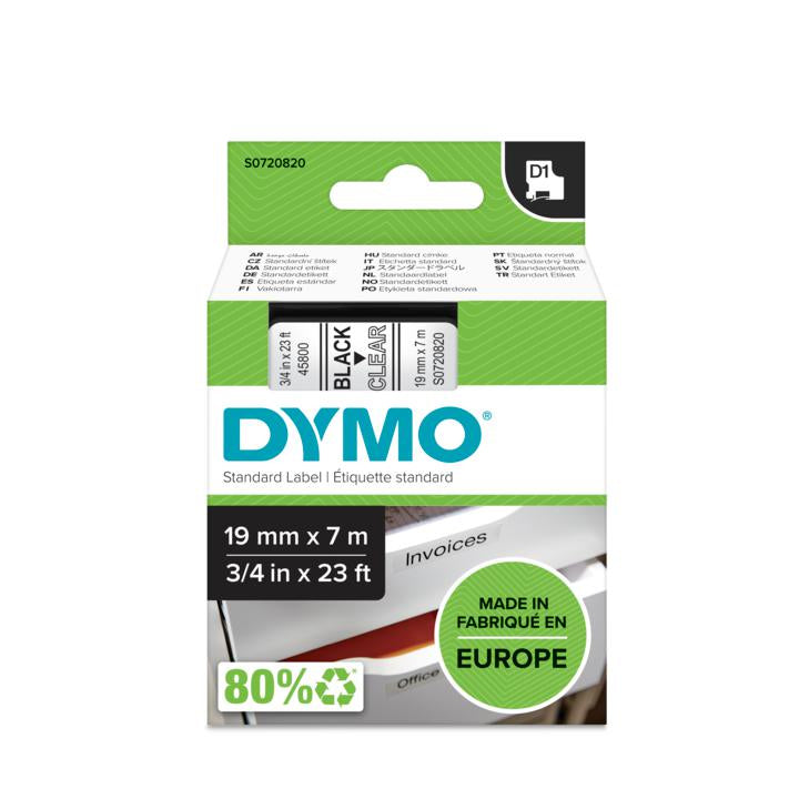 DYMO Schriftband – 19 mm × 7 m, transparent, schwarz – für DYMO POCKET, Dymo 1000+, 2000 und weitere